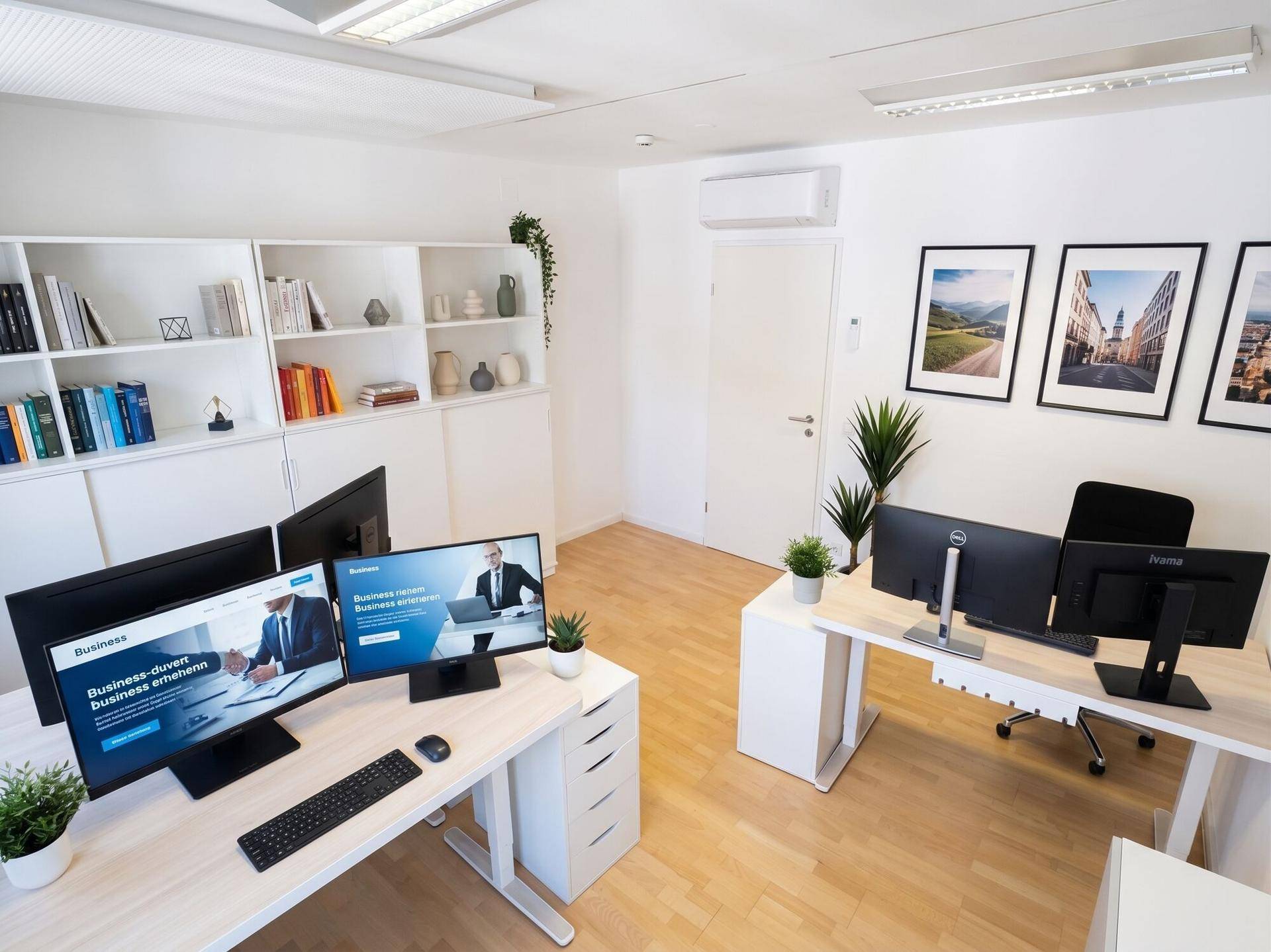 Modernes Büro mit mehreren Bildschirmen, integrierten Regalen und einer Klimaanlage für angenehmes Raumklima.