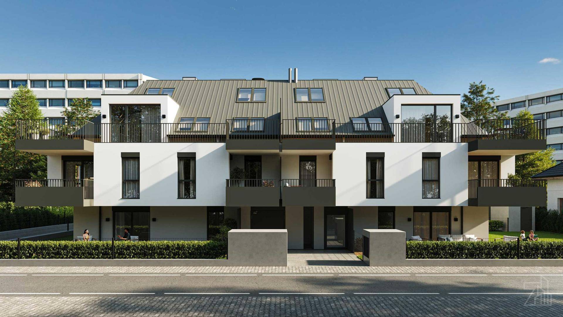 Moderne Wohnanlage mit weißer Fassade, dunklen Akzenten und Satteldach.