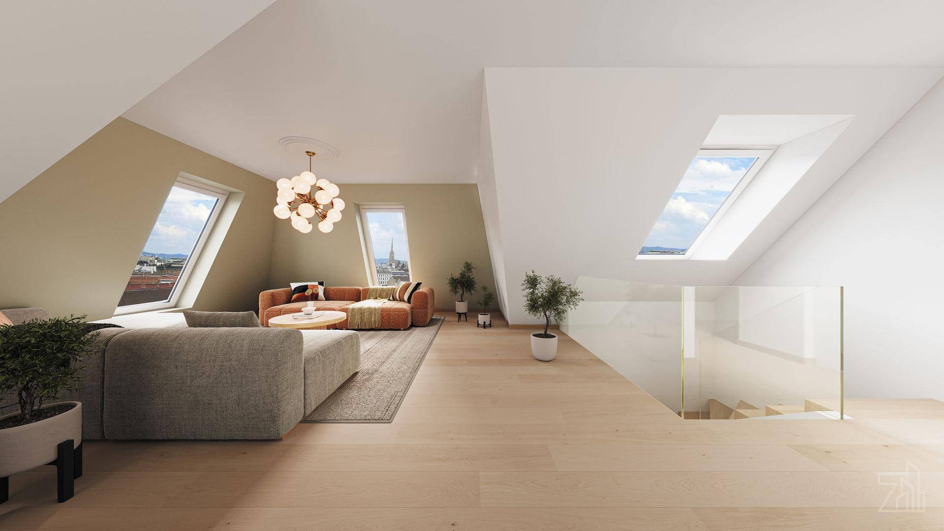 Helles Wohnzimmer im Dachgeschoss mit schrägen Wänden, großen Dachfenstern und modernem Design.