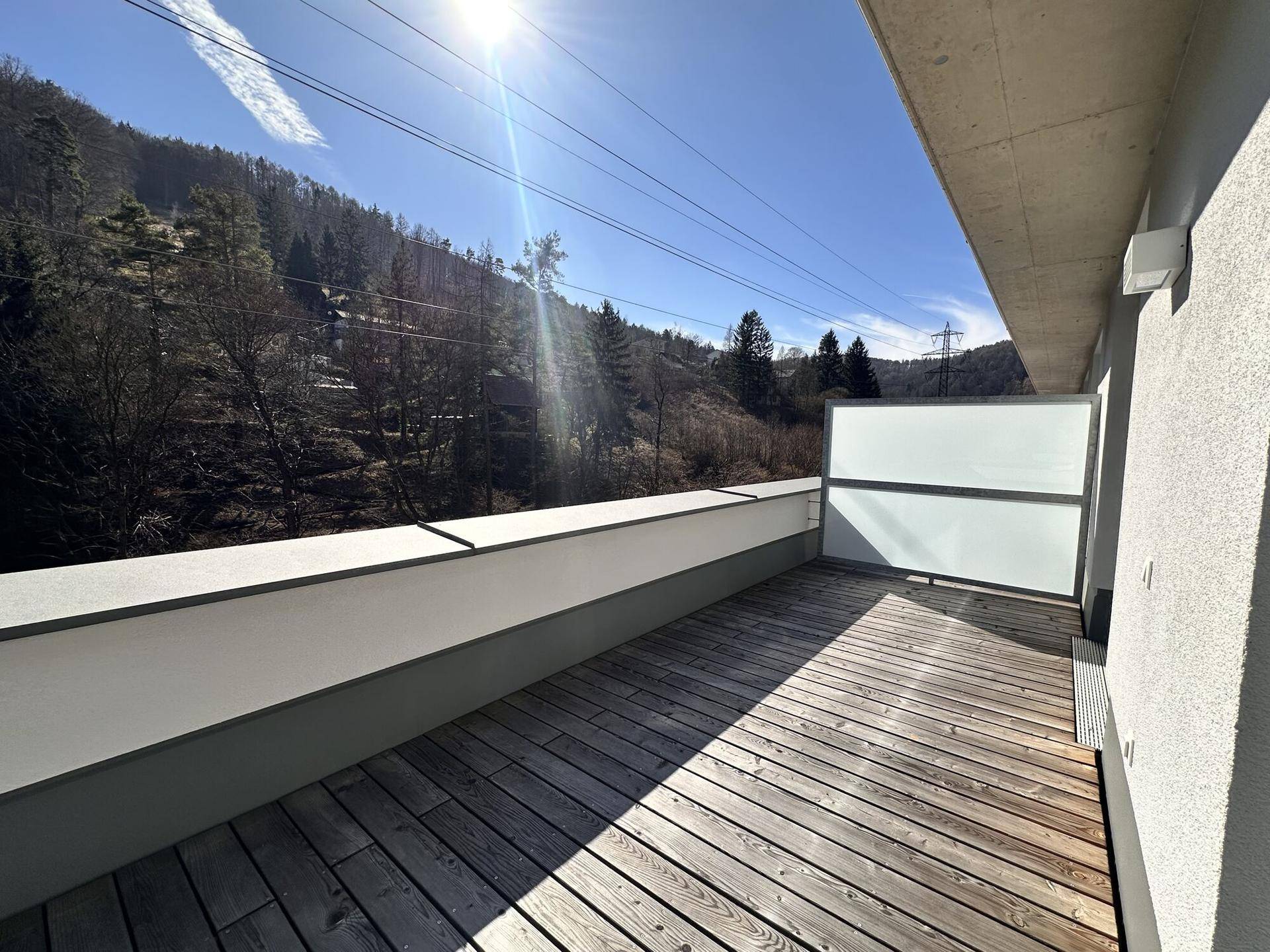 Sonnige Dachterrasse mit Holzdielen und moderner Brüstung, umgeben von Natur und Hügeln.