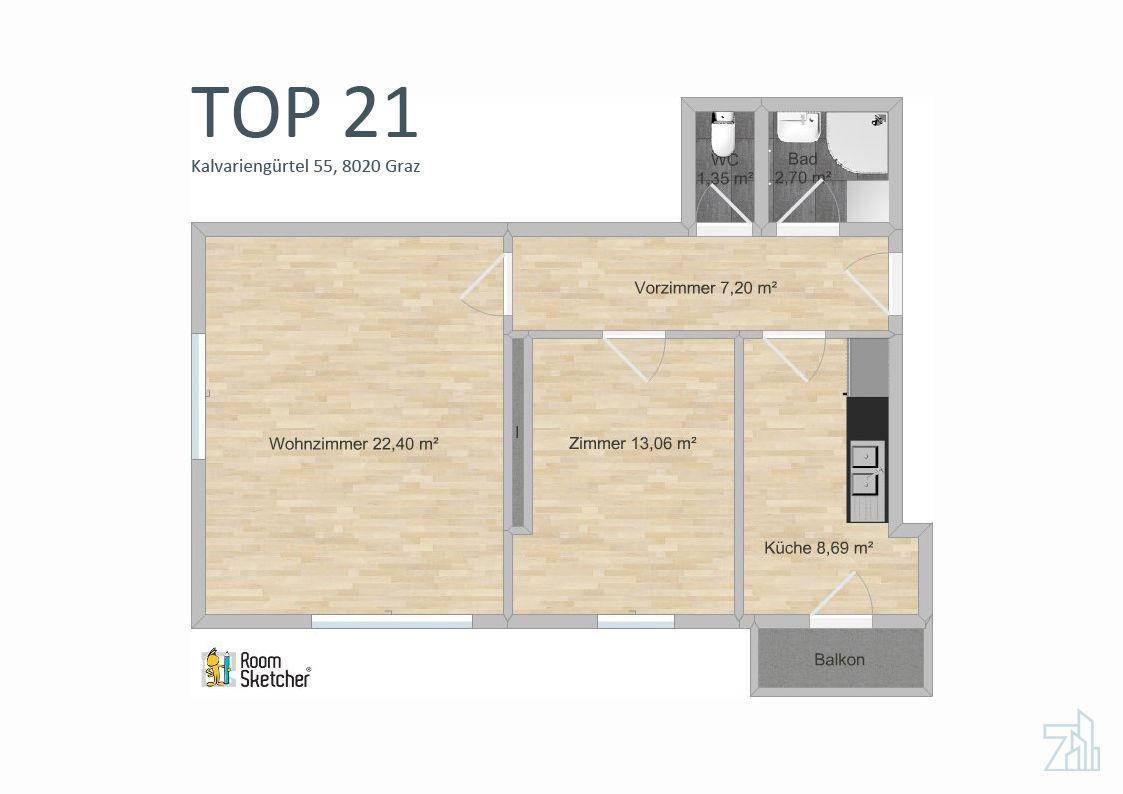 Grundriss der Wohnung TOP 21 mit Wohnzimmer, Zimmer, Küche und Balkon.