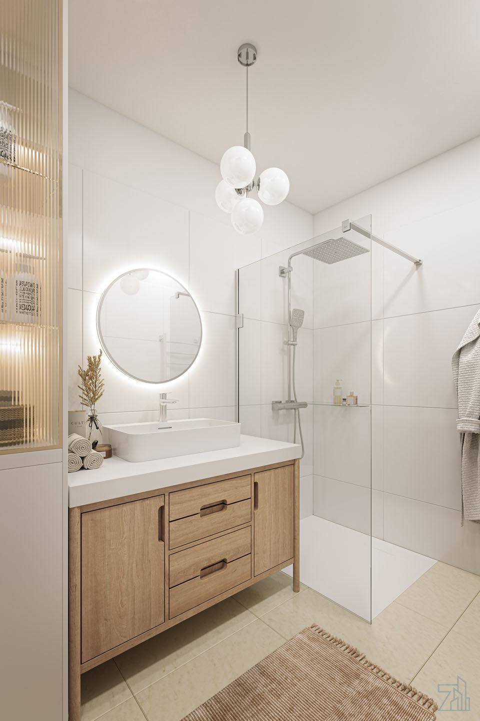 Helles Badezimmer mit begehbarer Dusche, Holzwaschtisch und rundem Spiegel.