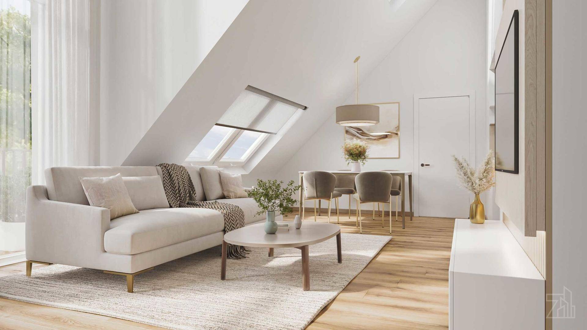 Helles Wohn- und Esszimmer im Dachgeschoss mit Dachschrägen, Holzboden und modernen Möbeln.