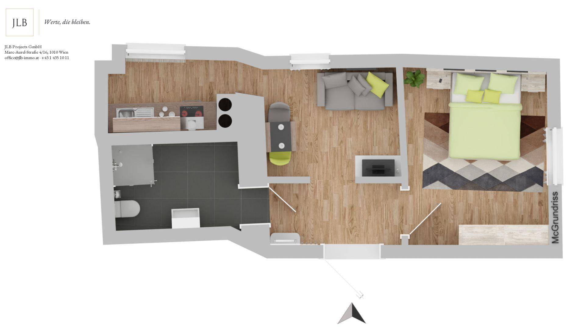 Grundriss einer Studio-Wohnung mit offenem Wohn-/Schlafbereich, integrierter Küche und Badezimmer.