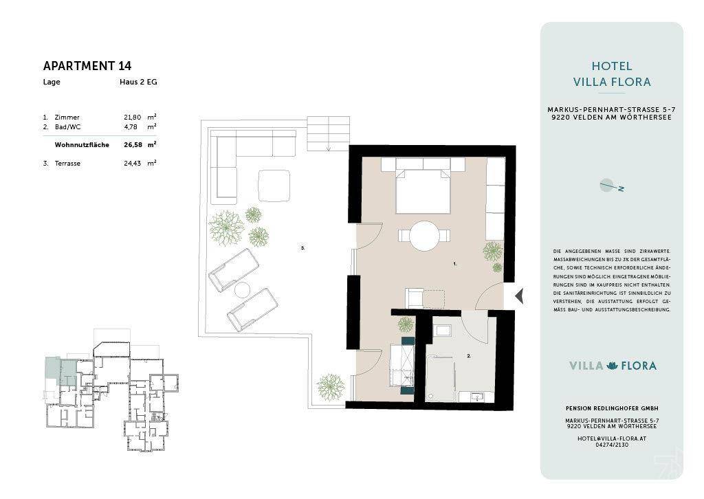 Grundriss von Apartment 14 mit Wohnbereich, Bad und Terrasse.