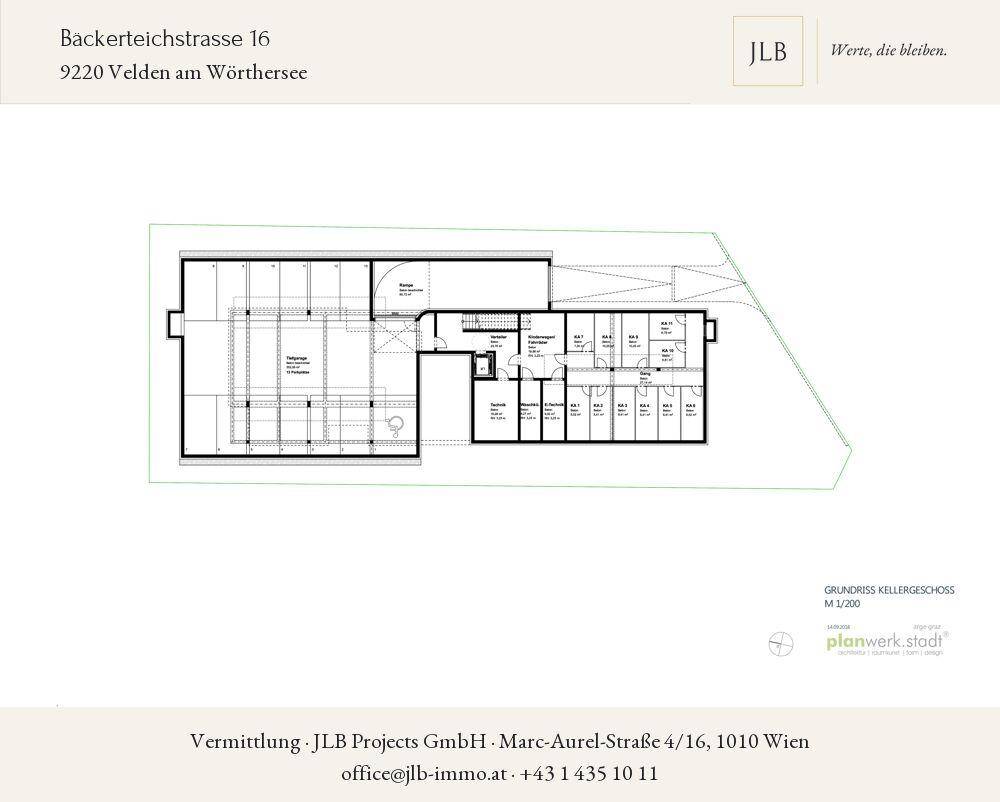 Grundrissplan des Kellergeschosses mit Abstellräumen, Technikbereichen und Fahrradraum für die Bewohner.
