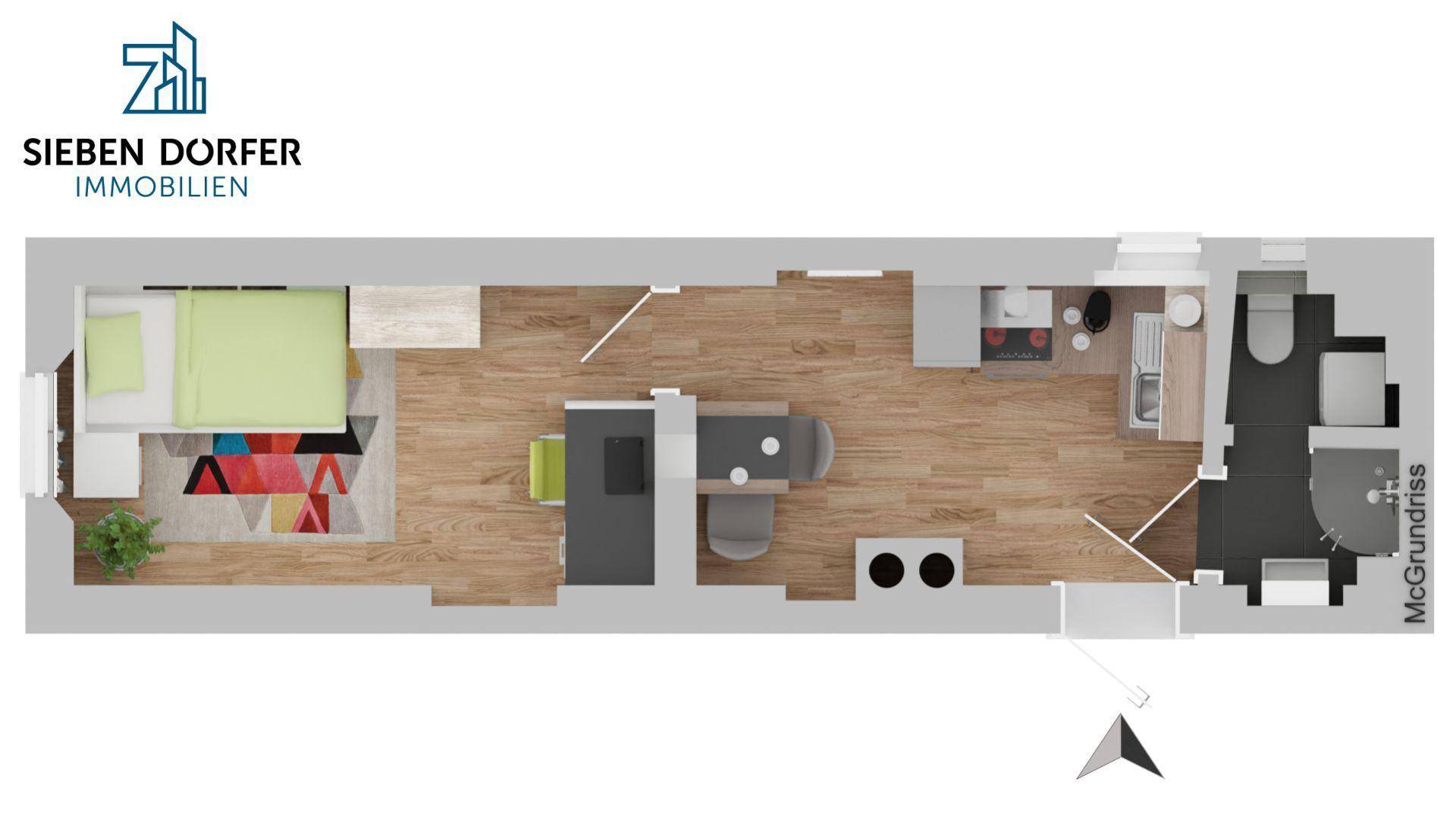 Grundriss einer länglichen Wohnung mit Schlafzimmer, Wohnbereich und Bad.