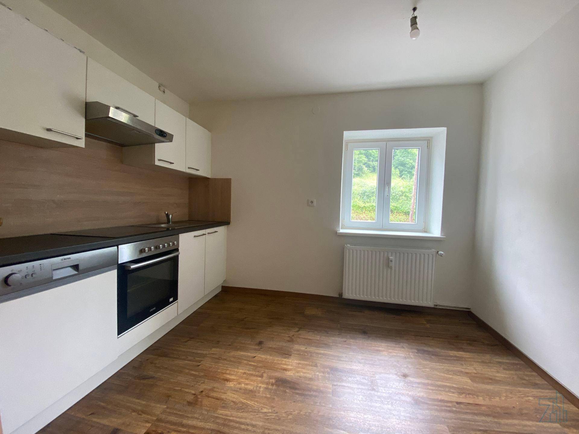 Funktionale Küche mit weißen Schränken, Einbauherd und Fenster mit Blick ins Grüne.