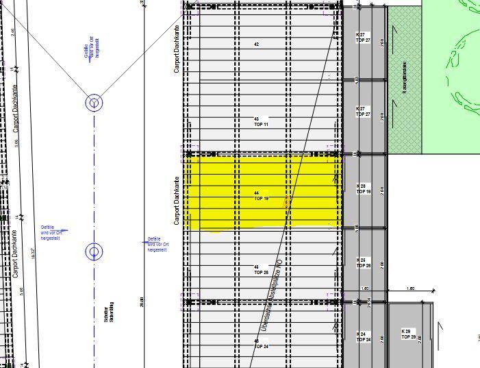 Grundrissplan eines Carports mit mehreren markierten Stellplätzen und Dachkanten.