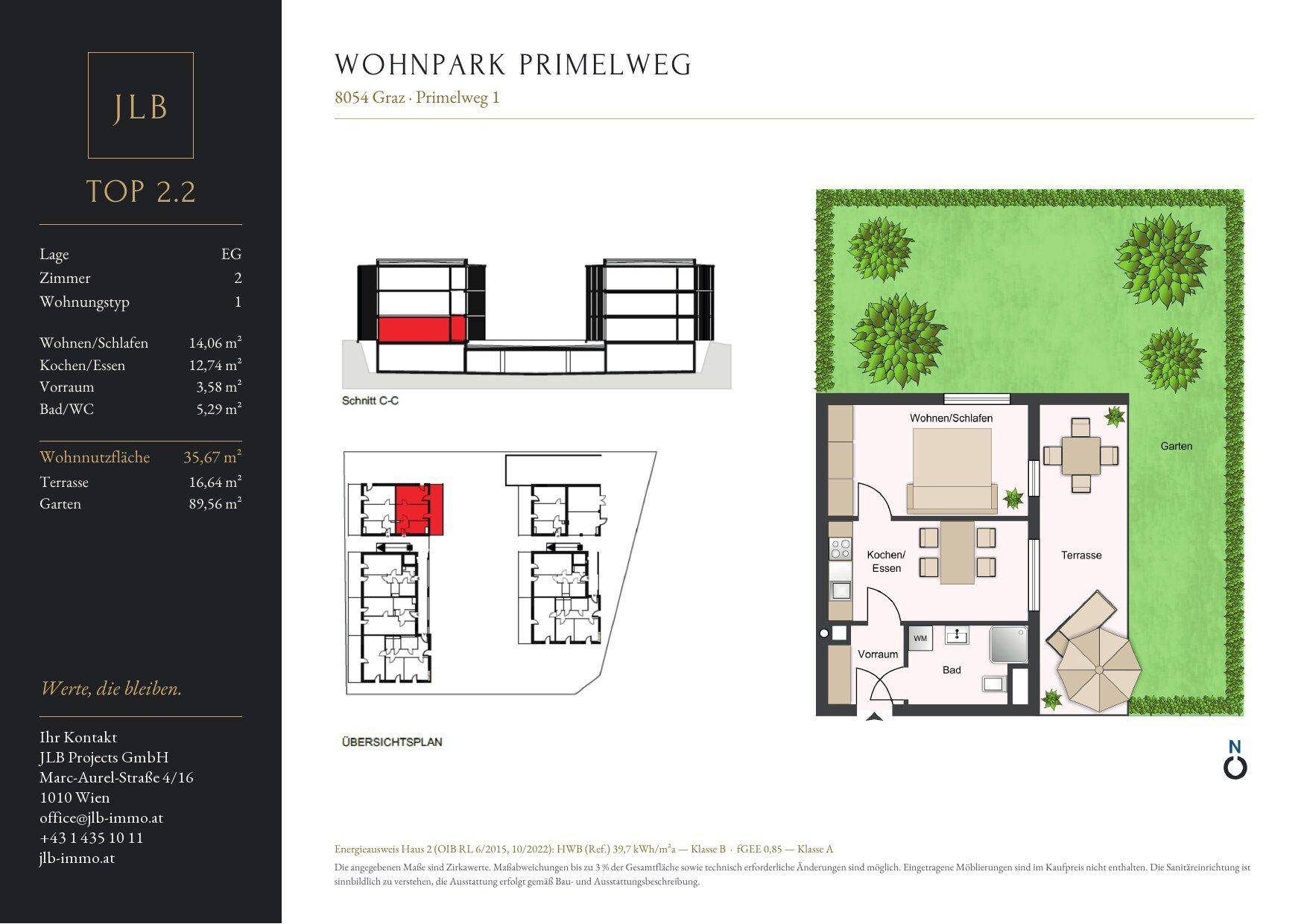 Grundriss der Wohnung TOP 2.2 mit offenem Wohn-Essbereich, Schlafzimmer, Bad, Terrasse und Garten.