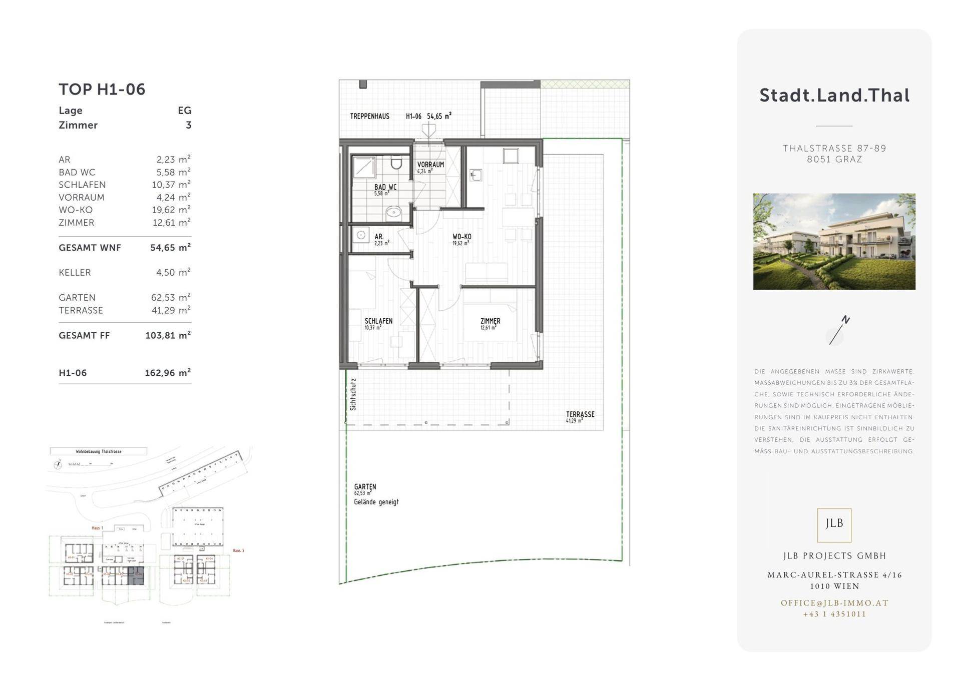 Detaillierter Grundriss der Erdgeschosswohnung TOP H1-06 mit Schlafzimmern, Bad, WC, Wohnküche, Garten und Terrasse.