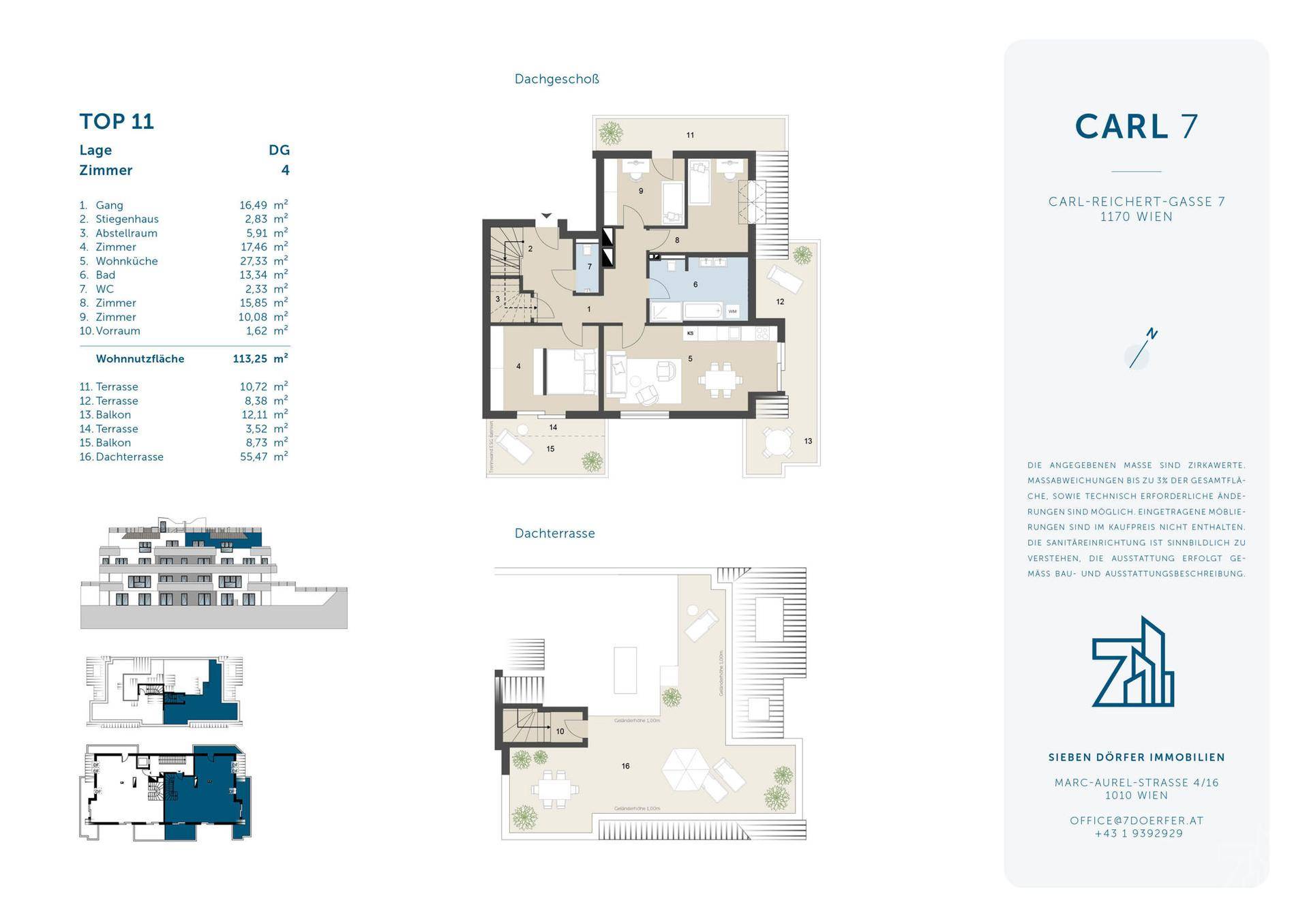 Grundriss der Wohnung TOP 11 im Dachgeschoss mit Dachterrasse und Balkonen.