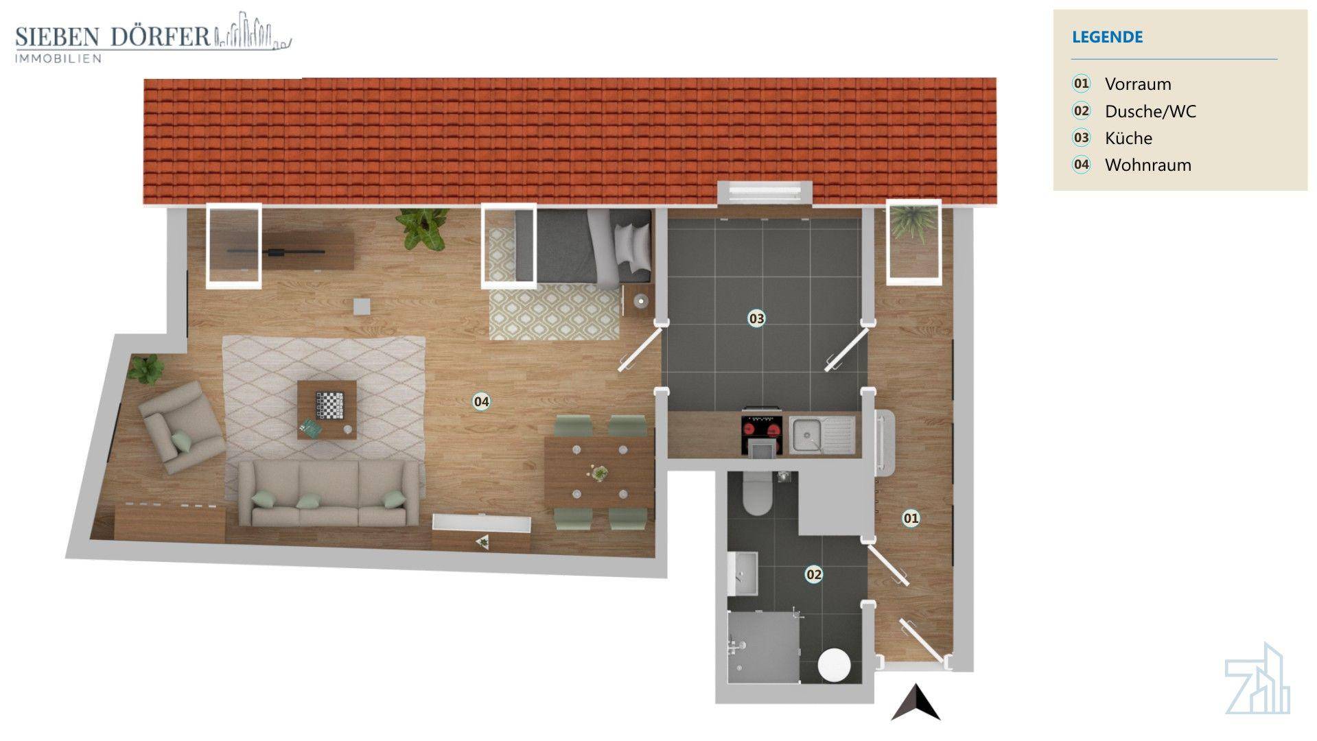 3D-Grundriss einer Wohnung mit Wohnraum, Küche und Badezimmer.