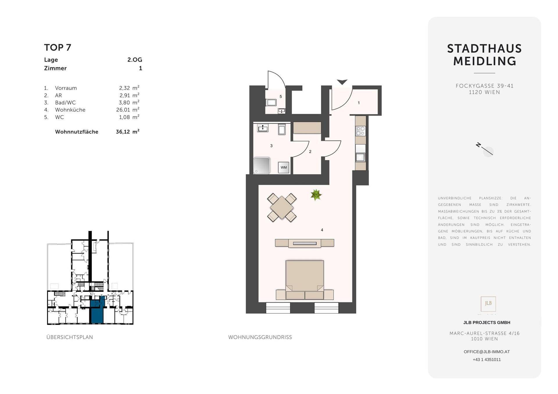 Grundriss der Wohnung Top 7 mit Vorraum, Bad/WC, Wohnküche und separatem WC im zweiten Obergeschoss.