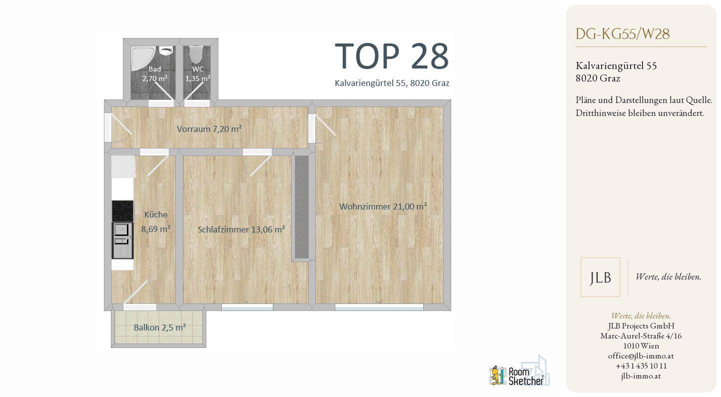 Grundriss einer Wohnung mit Wohnzimmer, Schlafzimmer, Küche, Bad, separatem WC und Balkon.