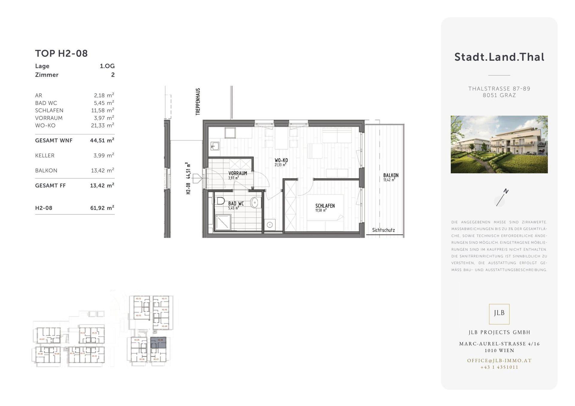 Detaillierter Grundriss der Wohnung TOP H2-08 mit Balkon und Kellerabteil.