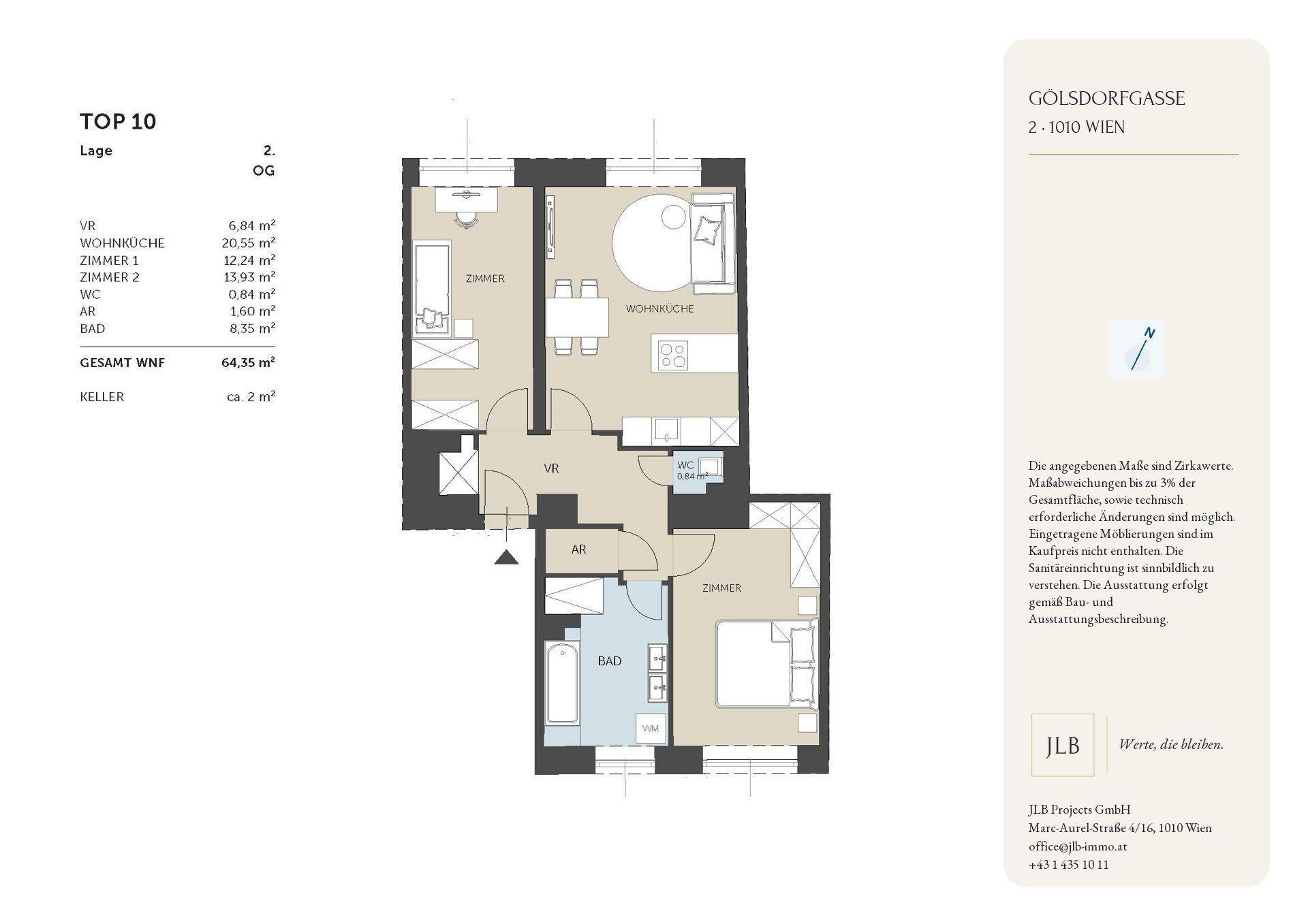 Detaillierter Grundriss der Wohnung TOP 10 im 2. Obergeschoss mit zwei Schlafzimmern und offenem Wohnbereich.