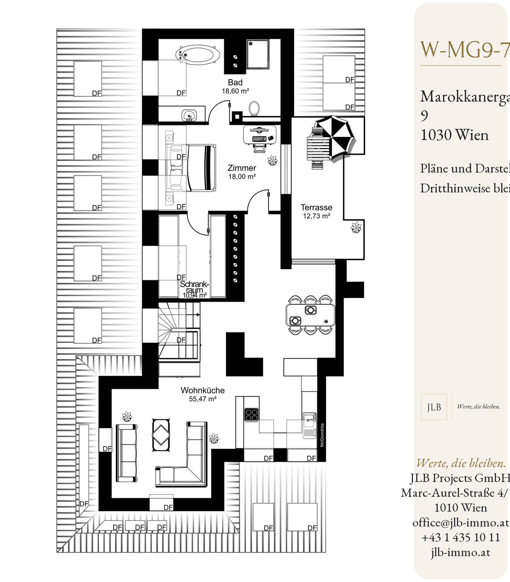 Grundrissplan zeigt eine Ebene mit Wohnküche, Bad, Zimmer und Terrasse.