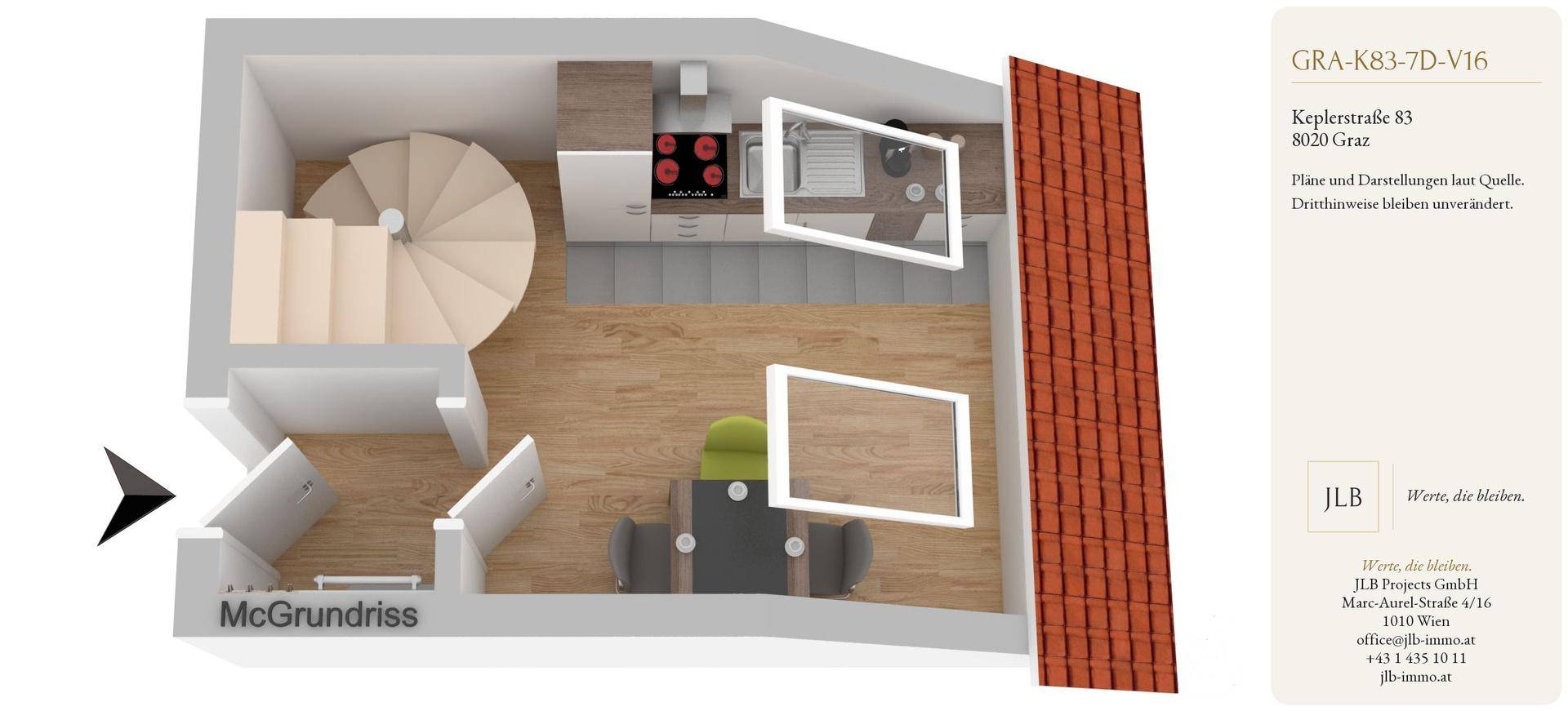 Grundriss zeigt offene Küche, Wohnbereich mit Esstisch und Wendeltreppe unter Dachschräge.