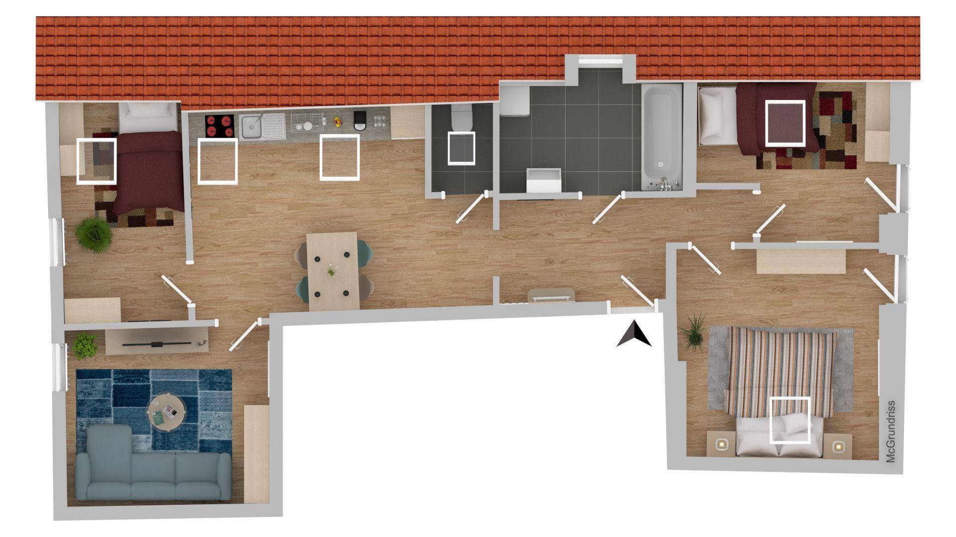 3D-Grundriss einer Wohnung mit drei Schlafzimmern, Bad und offenem Wohnbereich.