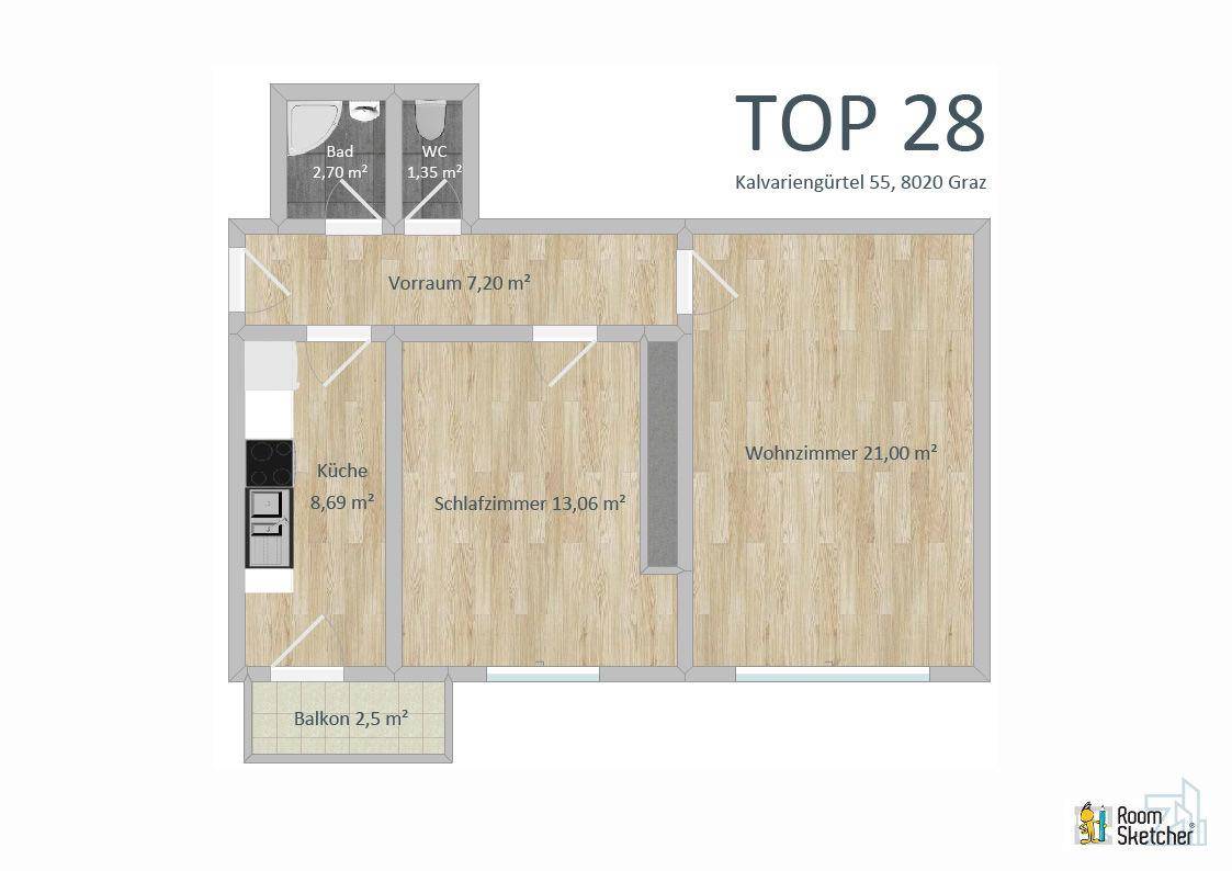 Grundriss der Wohnung TOP 28 mit Wohnzimmer, Schlafzimmer, Küche und Balkon.