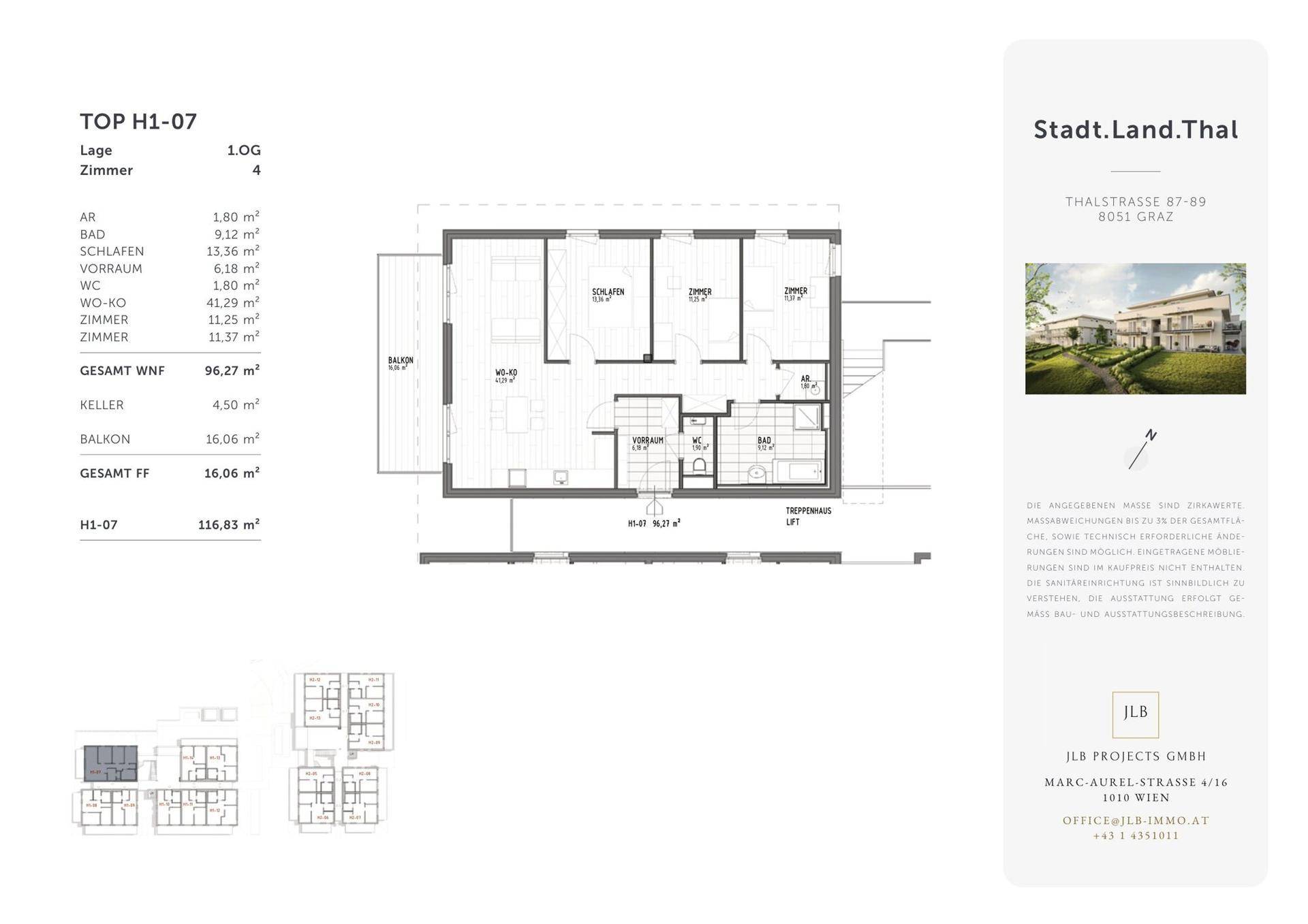 Detaillierter Grundriss der Wohnung TOP H1-07 mit Balkon und mehreren Zimmern.