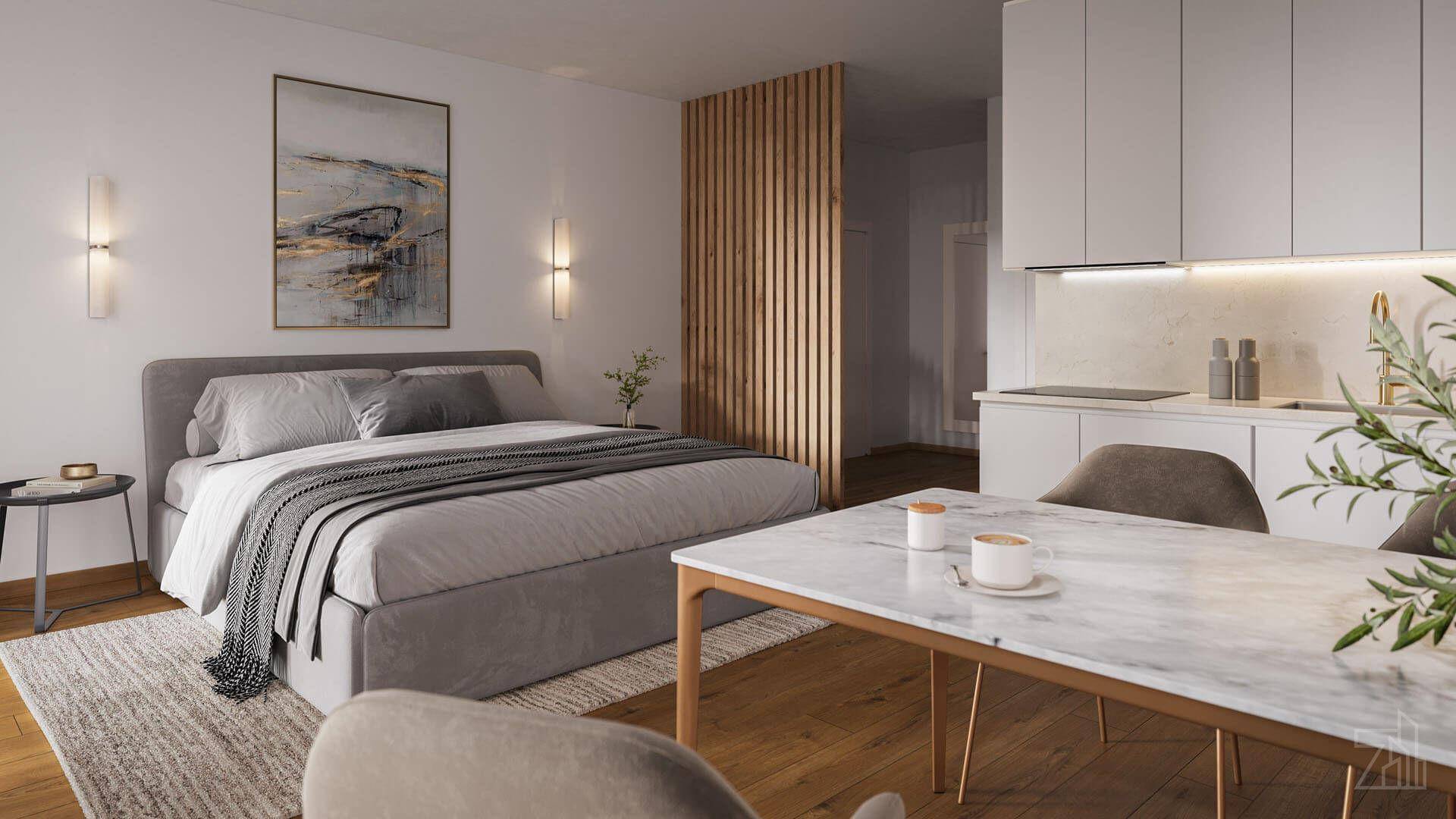 Heller Studio-Wohnraum mit Schlafbereich, Essplatz und kompakter Küchenzeile, durch Holzelemente stilvoll abgetrennt.