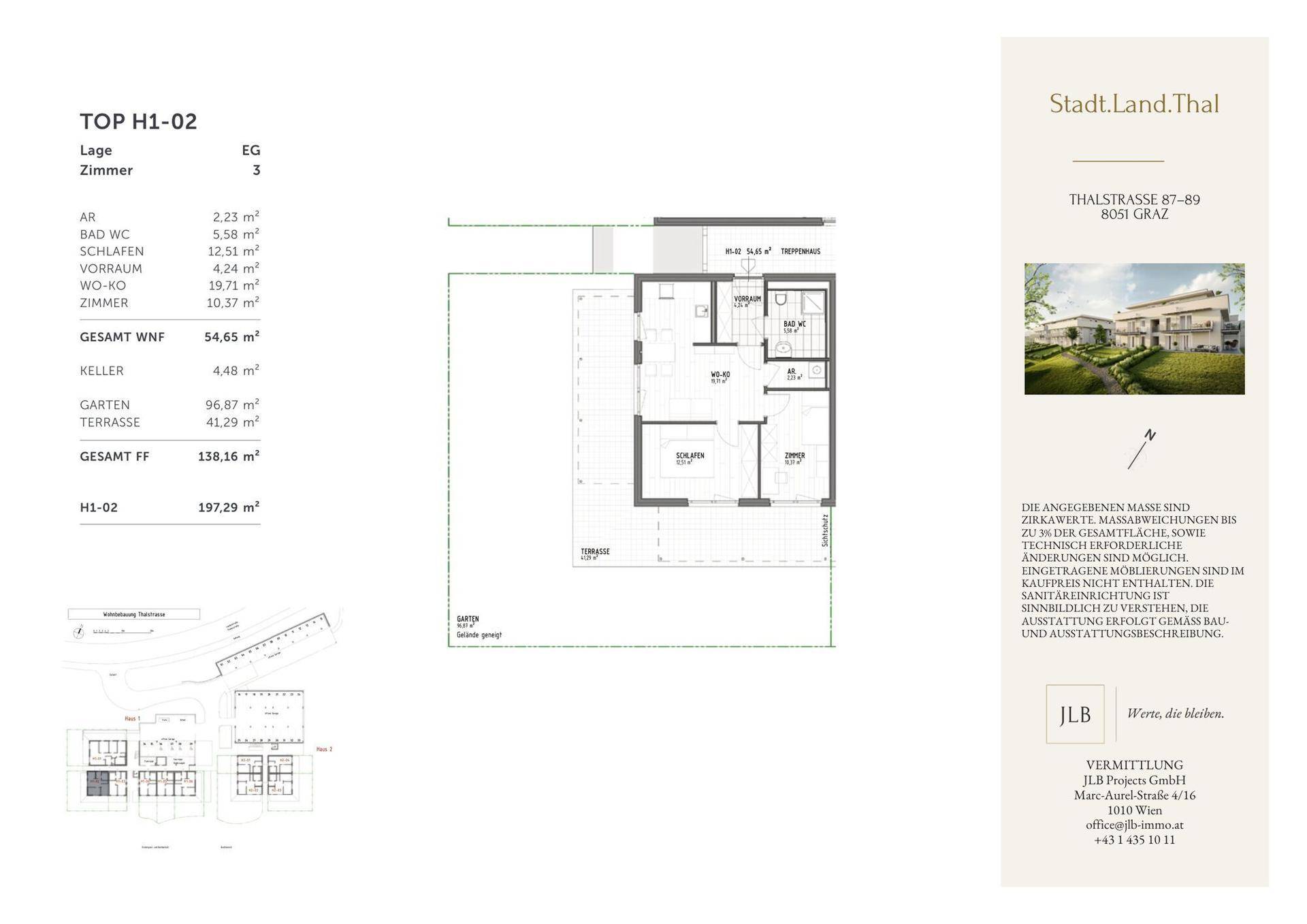 Grundrissplan einer Wohnung mit offenem Wohn-Kochbereich, Schlafzimmer, Bad, separatem WC, Abstellraum, Terrasse und Garten.