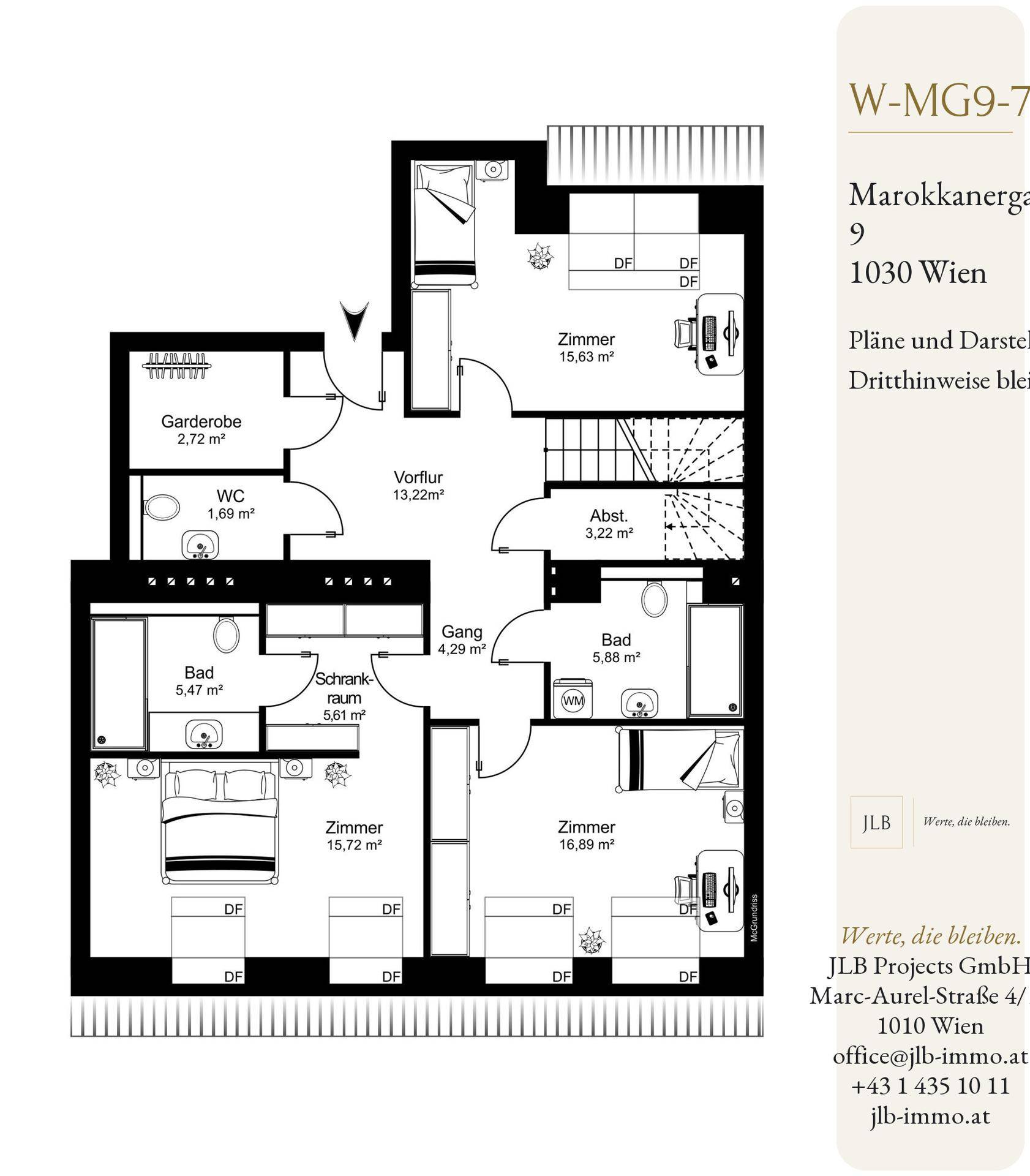 Grundrissplan einer Etage mit drei Zimmern, zwei Bädern, separatem WC und Abstellraum.