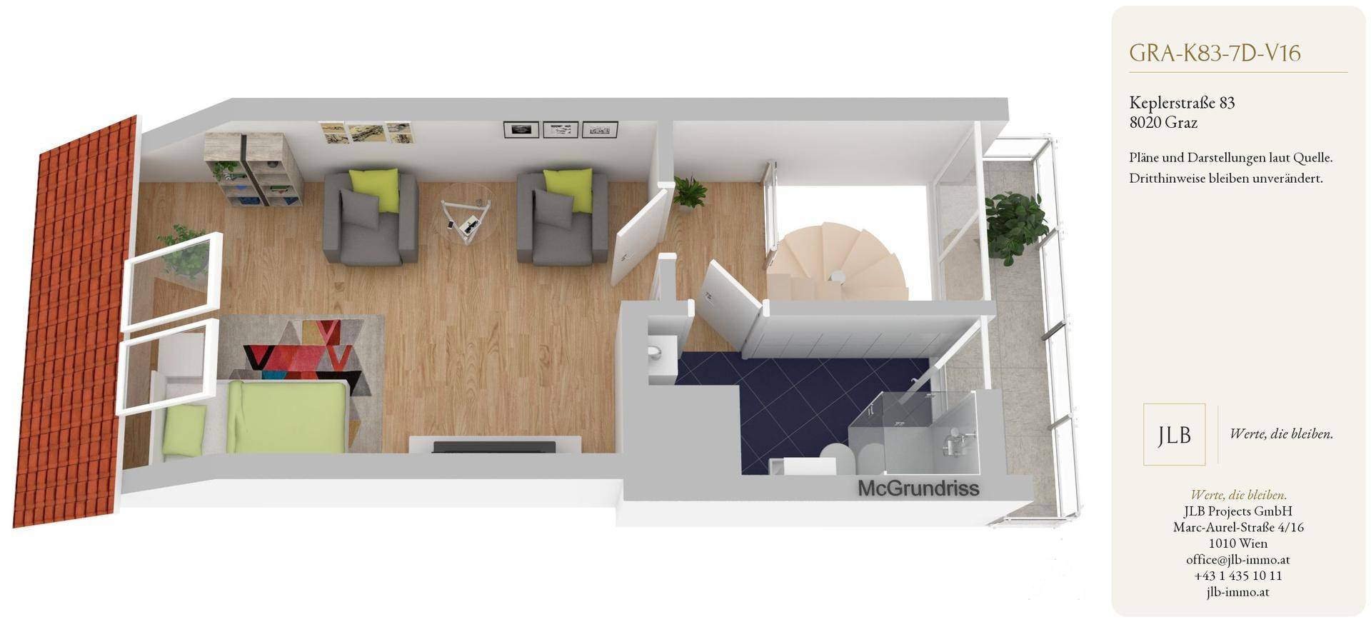 Grundriss zeigt Schlafzimmer, Wohnbereich und Badezimmer mit Wendeltreppe zu einer weiteren Ebene.