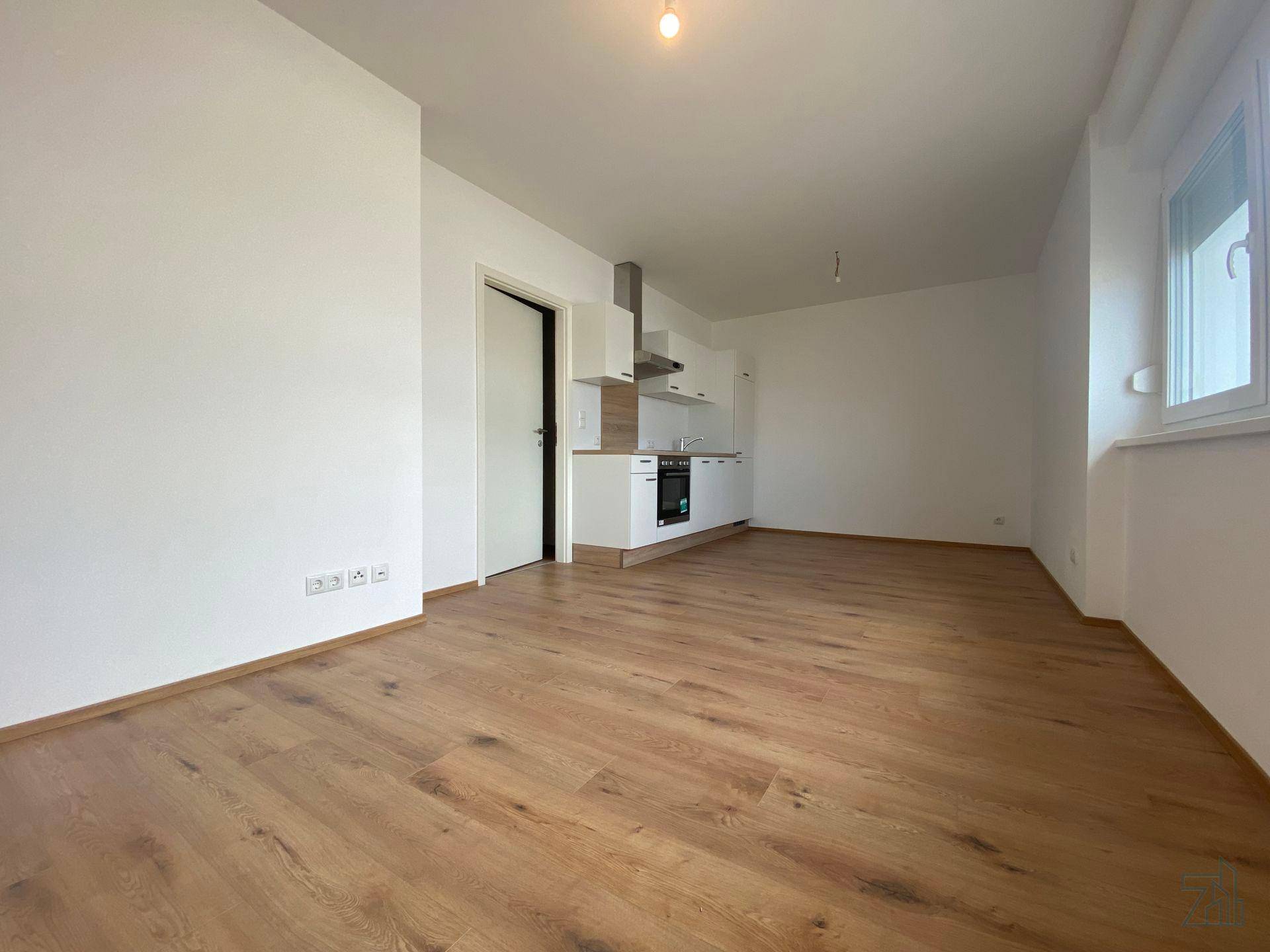 Geräumiger Wohnbereich mit integrierter Küchenzeile und Fenster für natürliches Licht.