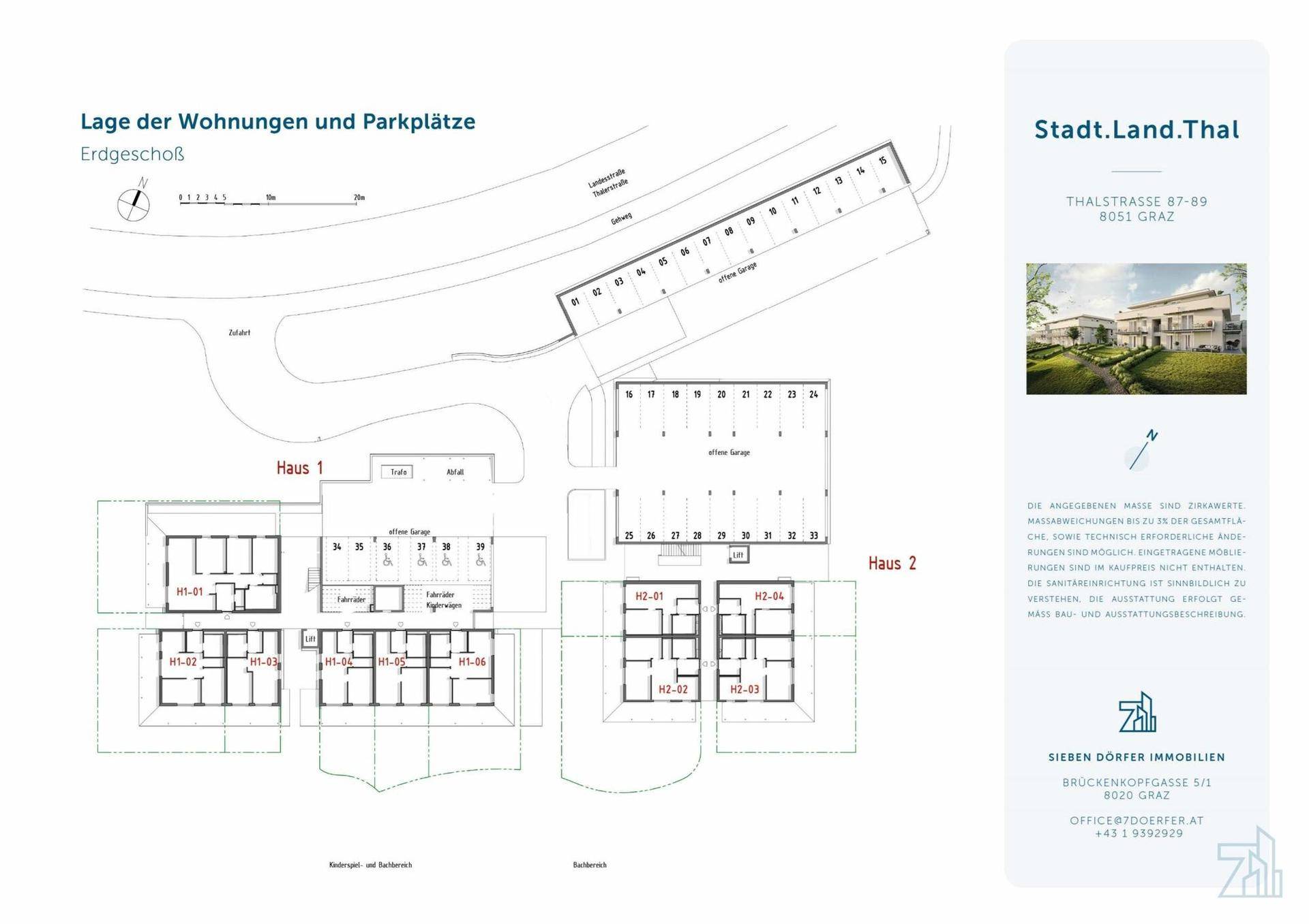 Übersichtsplan der Wohnungen und Parkplätze im Erdgeschoss der Anlage.