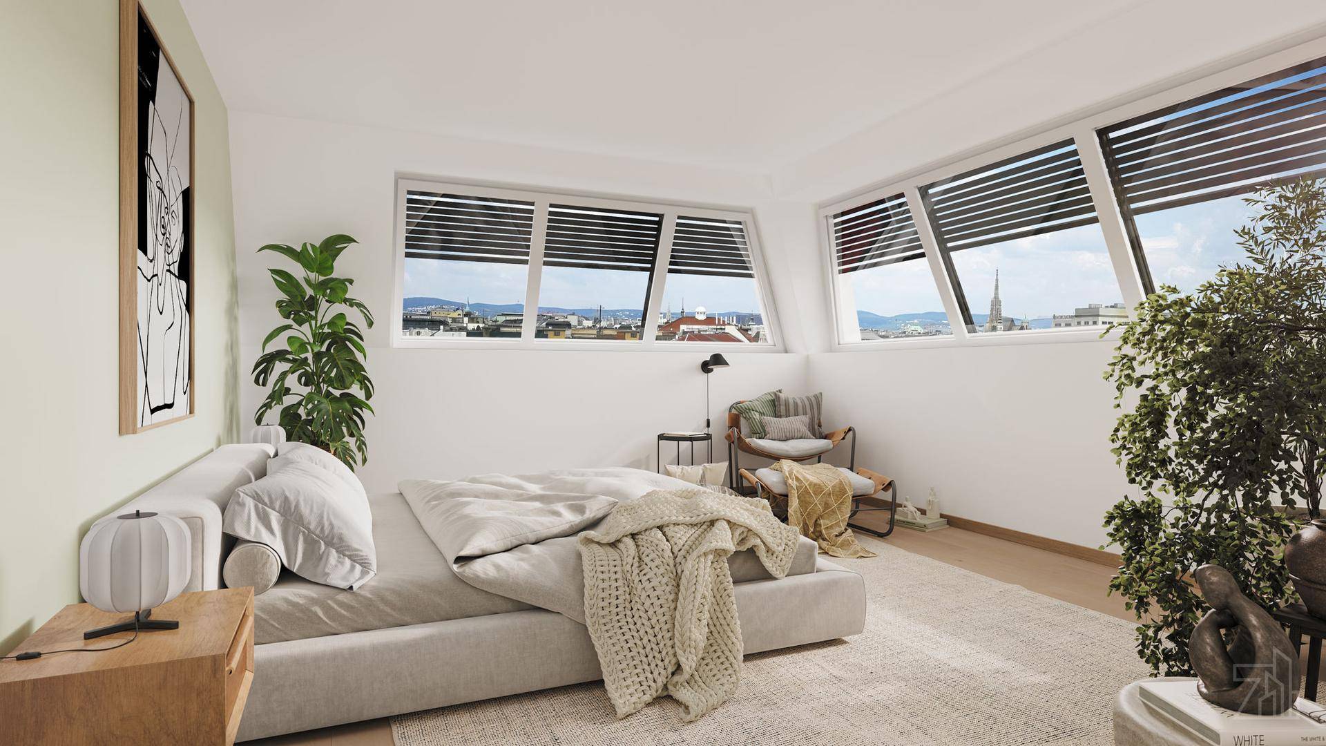 Gemütliches Schlafzimmer mit schrägen Fenstern, Stadtblick und modernem, hellem Interieur.