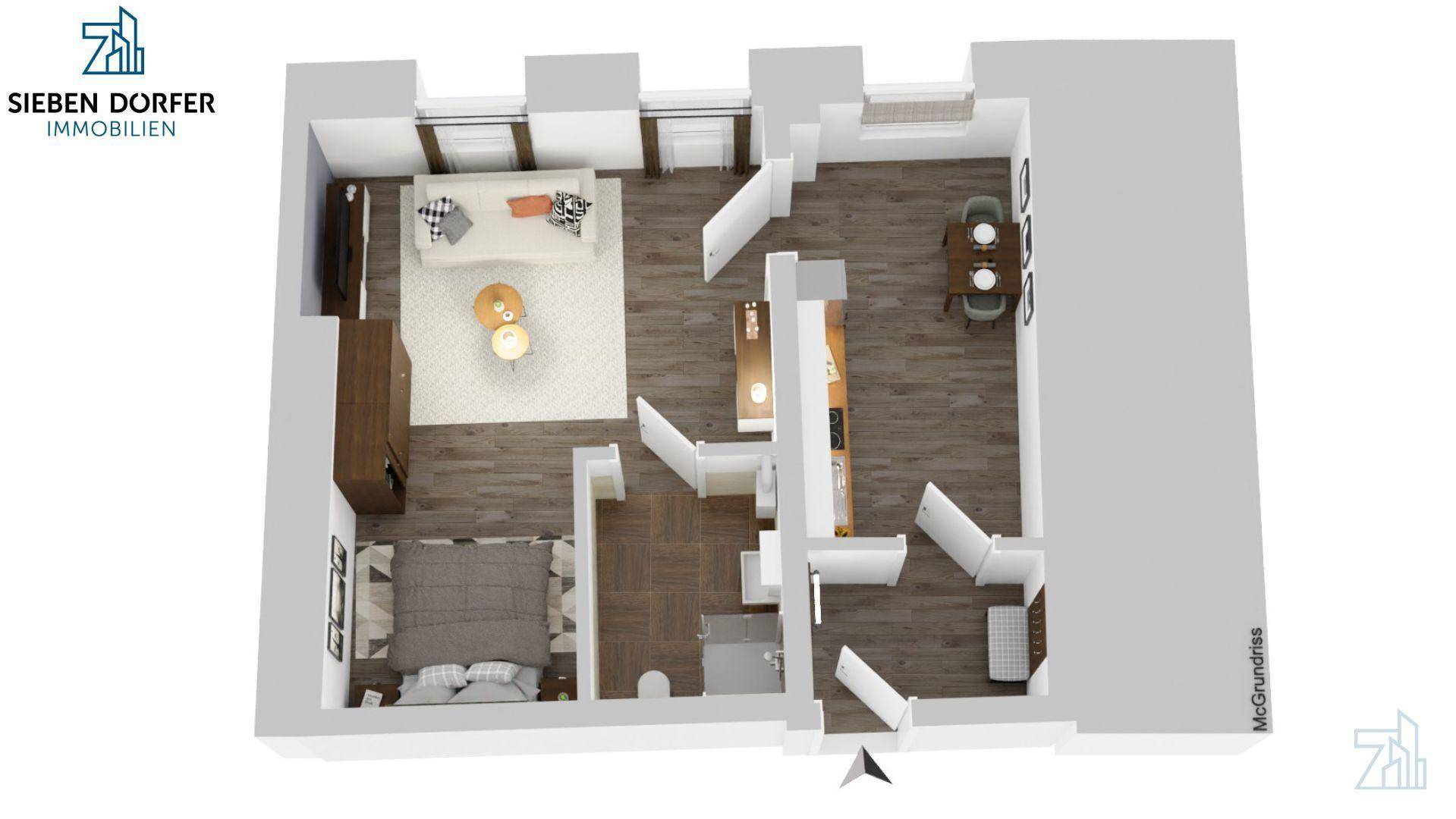 Übersichtlicher 3D-Grundriss einer Wohnung mit möblierten Wohn- und Schlafbereichen.