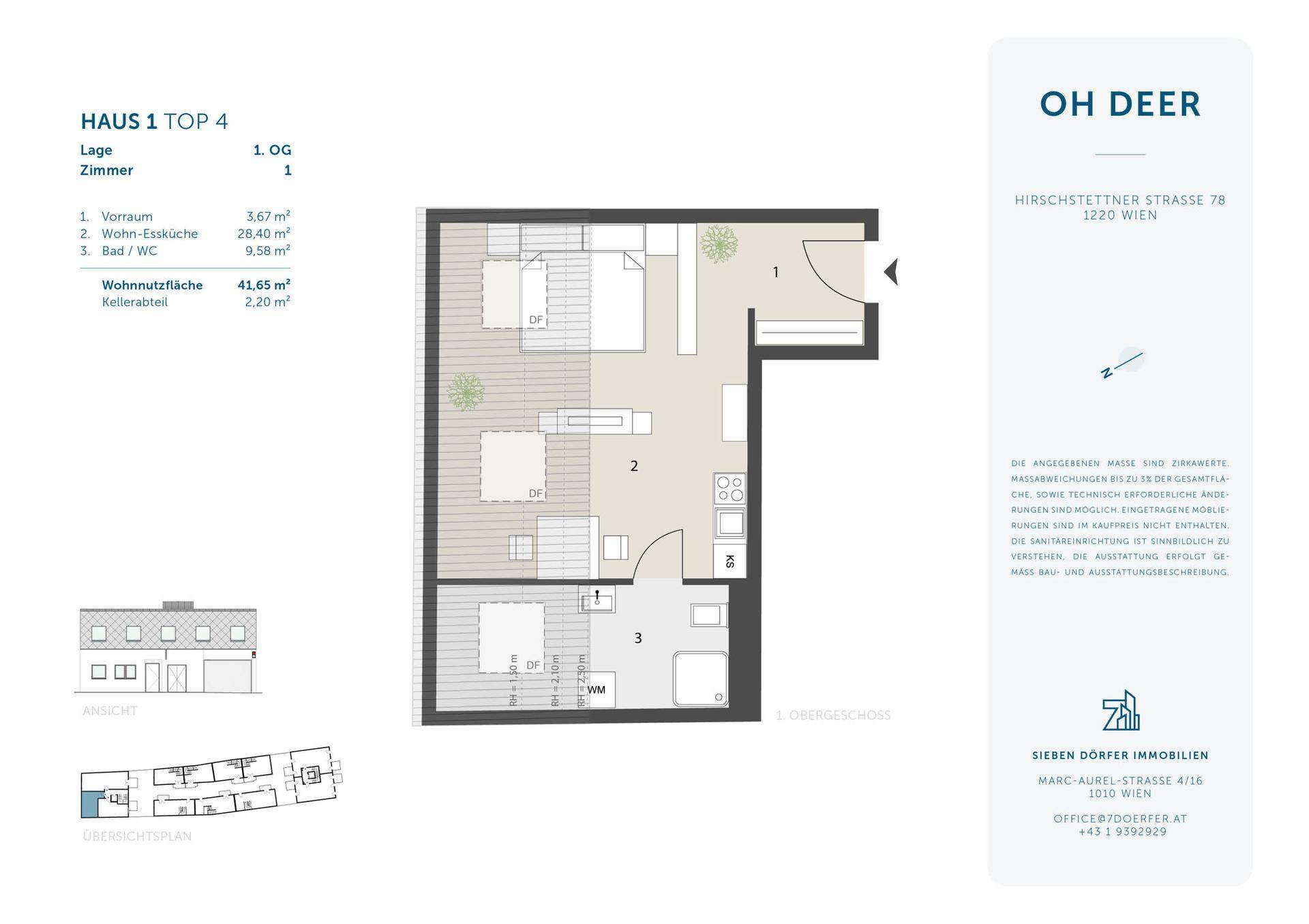 Grundriss für Haus 1 Top 4 mit offenem Wohn-Essbereich, Küche und Bad/WC im Obergeschoss.
