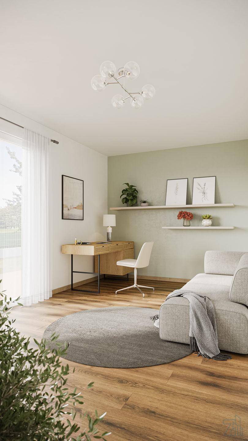 Helles Arbeitszimmer mit Holzboden, Schreibtisch und Blick ins Grüne.