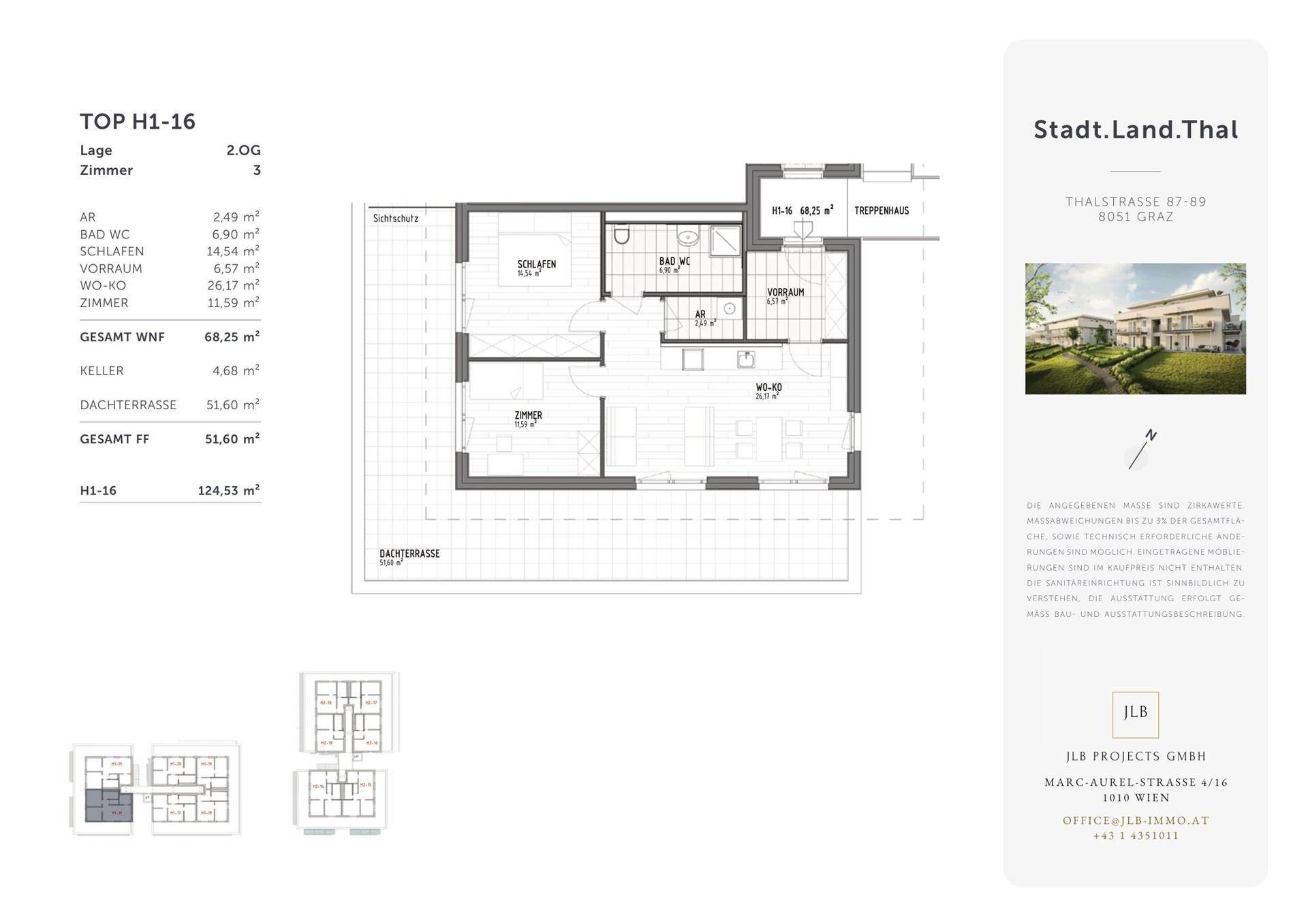 Detaillierter Grundriss der Wohnung H1-16 mit Dachterrasse und Raumaufteilung.