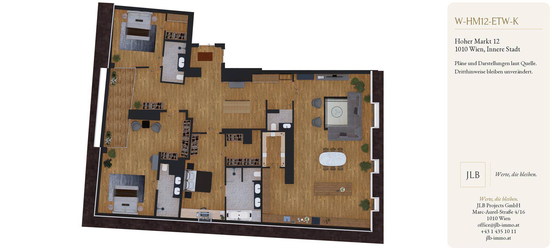 Übersichtlicher Grundriss einer Etage mit mehreren Schlafzimmern, Bädern, offener Wohnküche und Zugang zu einer Terrasse.