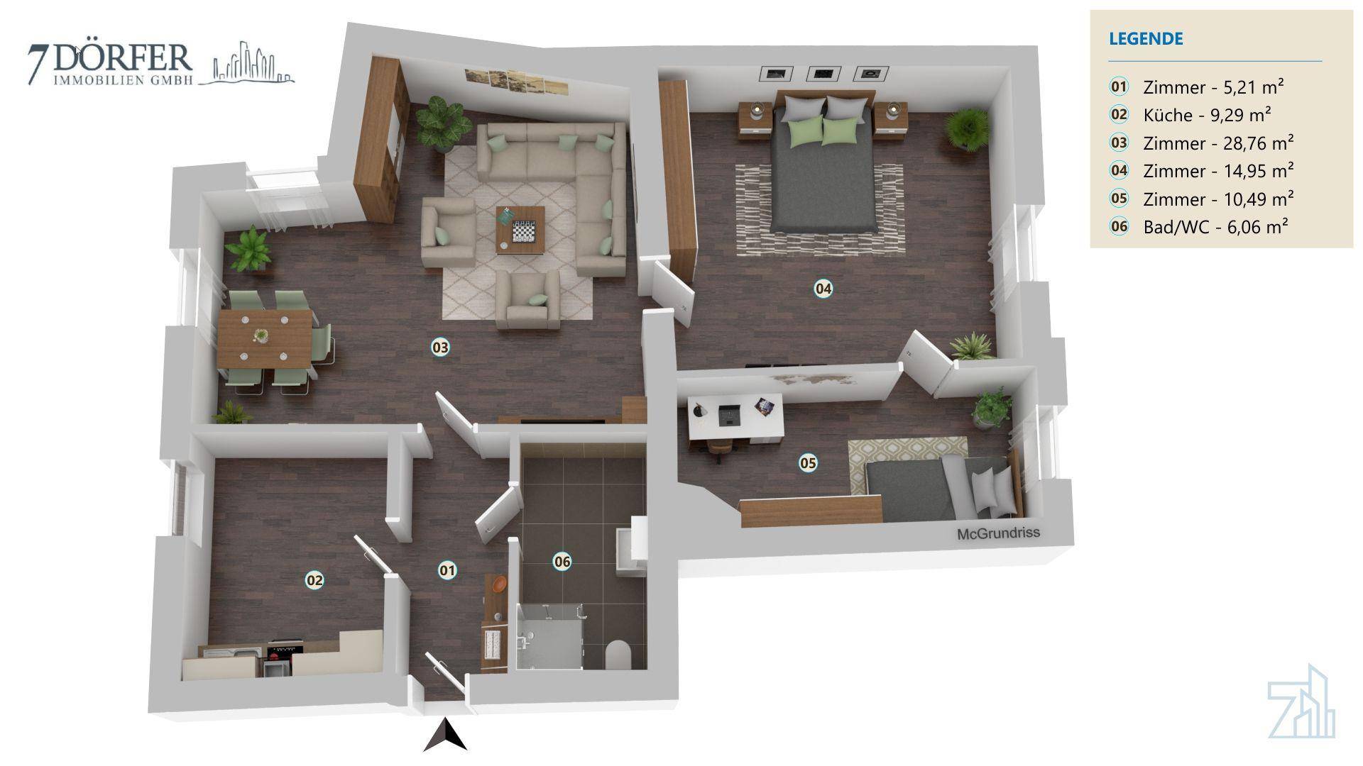 Detaillierter 3D-Grundriss einer Wohnung mit möblierten Räumen und Legende.