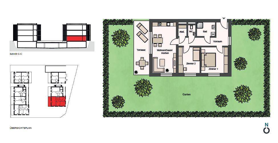 Grundriss einer Erdgeschosswohnung mit Terrasse, Garten und offenem Wohn-Essbereich.