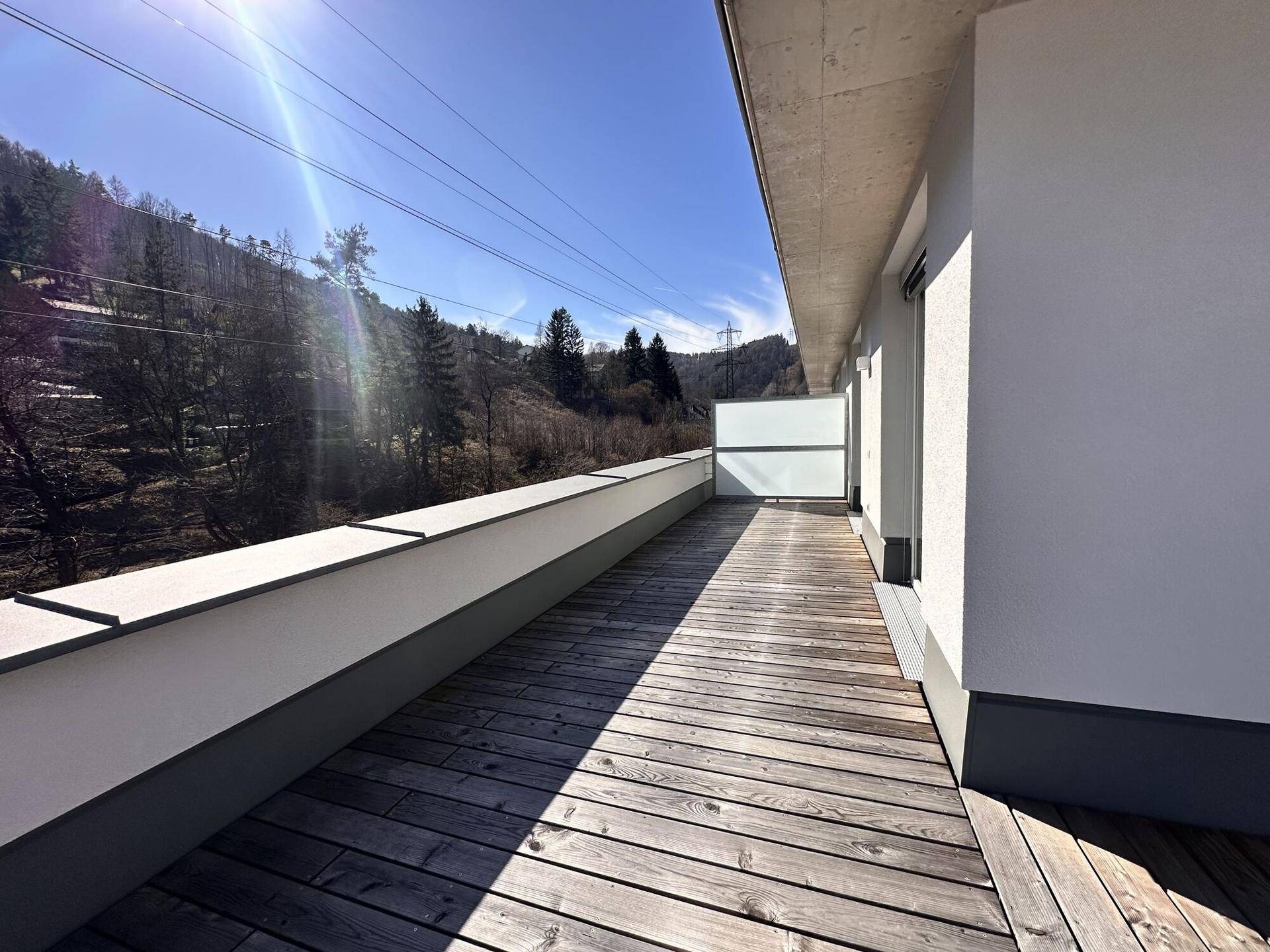 Sonnige Dachterrasse mit Holzboden und weitem Blick auf die grüne Umgebung und den blauen Himmel.