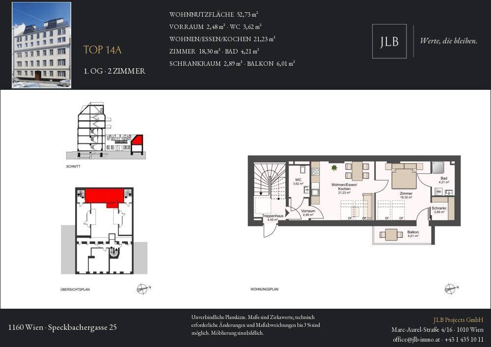 Grundriss einer Wohnung mit offenem Wohnbereich, Schlafzimmer, Bad, separatem WC und Balkon in einem Altbau.