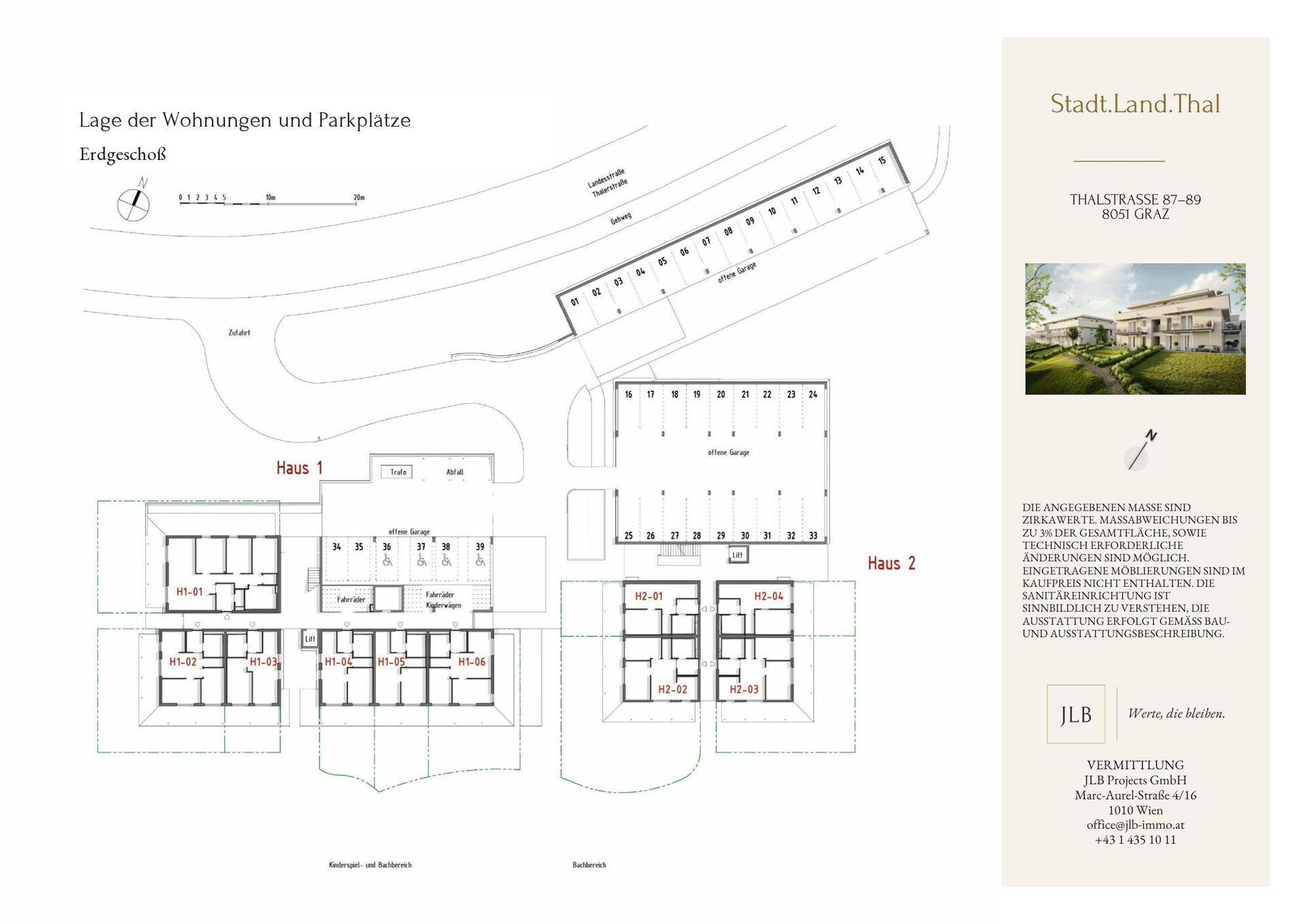 Übersichtsplan der Wohnungen und Parkplätze im Erdgeschoss eines Neubauprojekts.