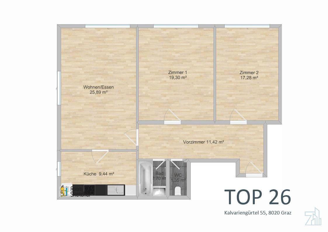 Detaillierter Grundriss einer Wohnung mit Wohn-/Essbereich, zwei Zimmern, Küche, Bad und WC.
