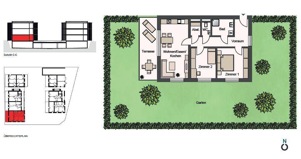 Grundrissplan zeigt die Aufteilung der Wohnung mit Terrasse und Gartenbereich.