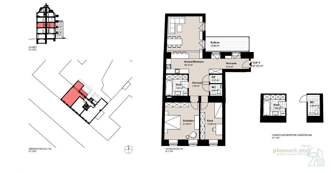 Detaillierter Grundriss einer Wohnung mit Balkon und mehreren Zimmern.