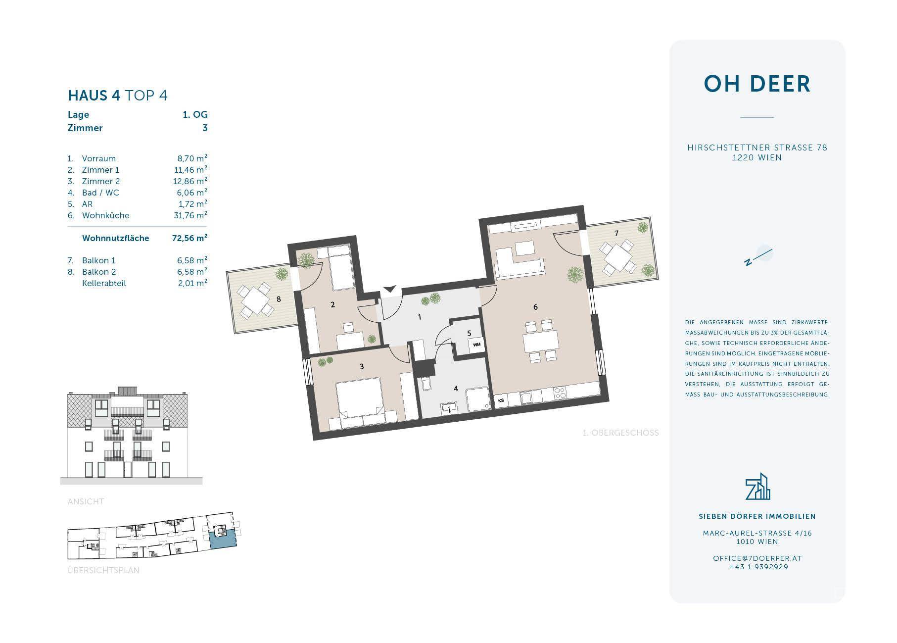 Detaillierter Grundriss einer Wohnung mit zwei Balkonen und klar definierten Wohnbereichen.