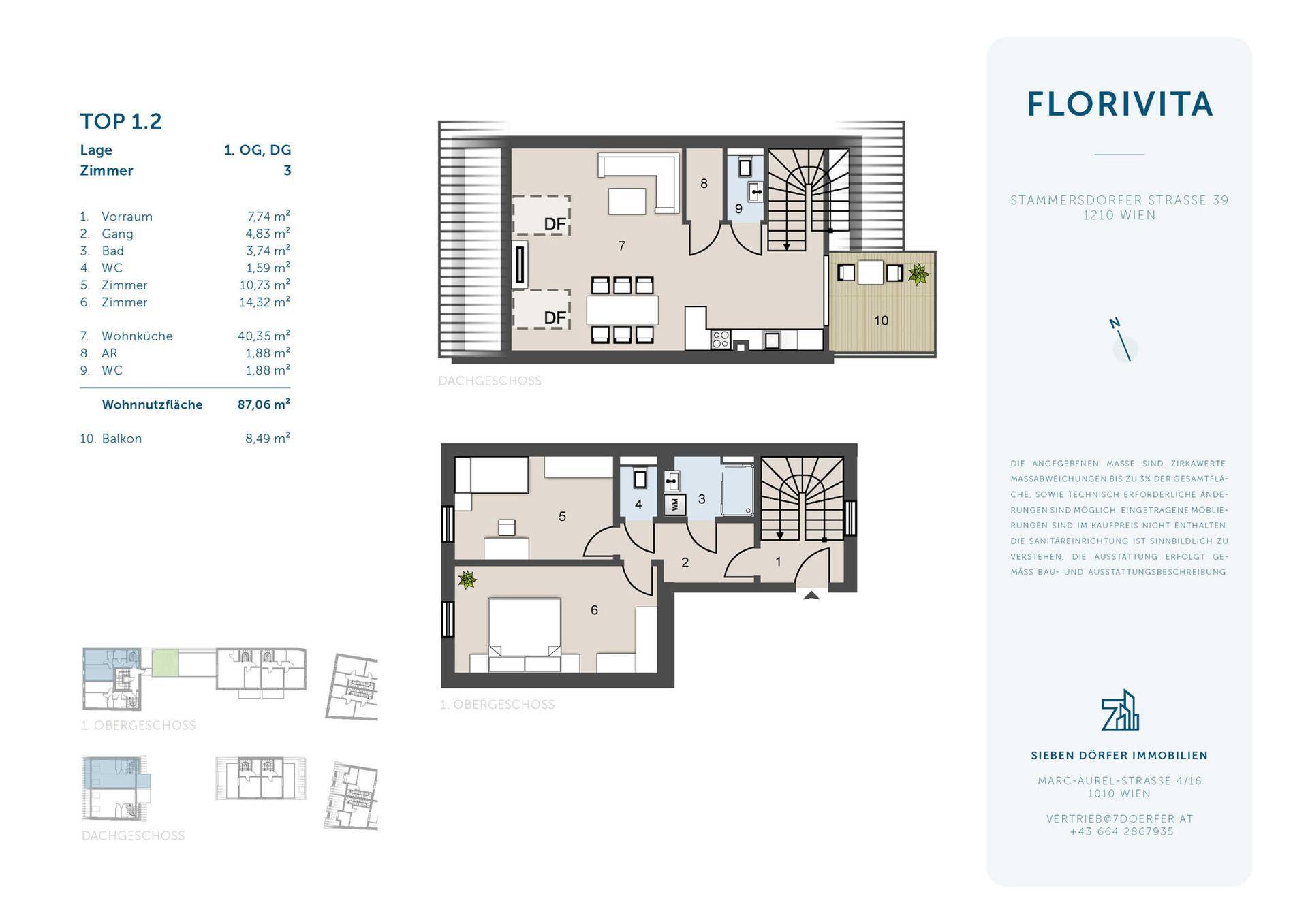 Detaillierter Grundriss einer Maisonette-Wohnung über zwei Etagen mit Balkon.