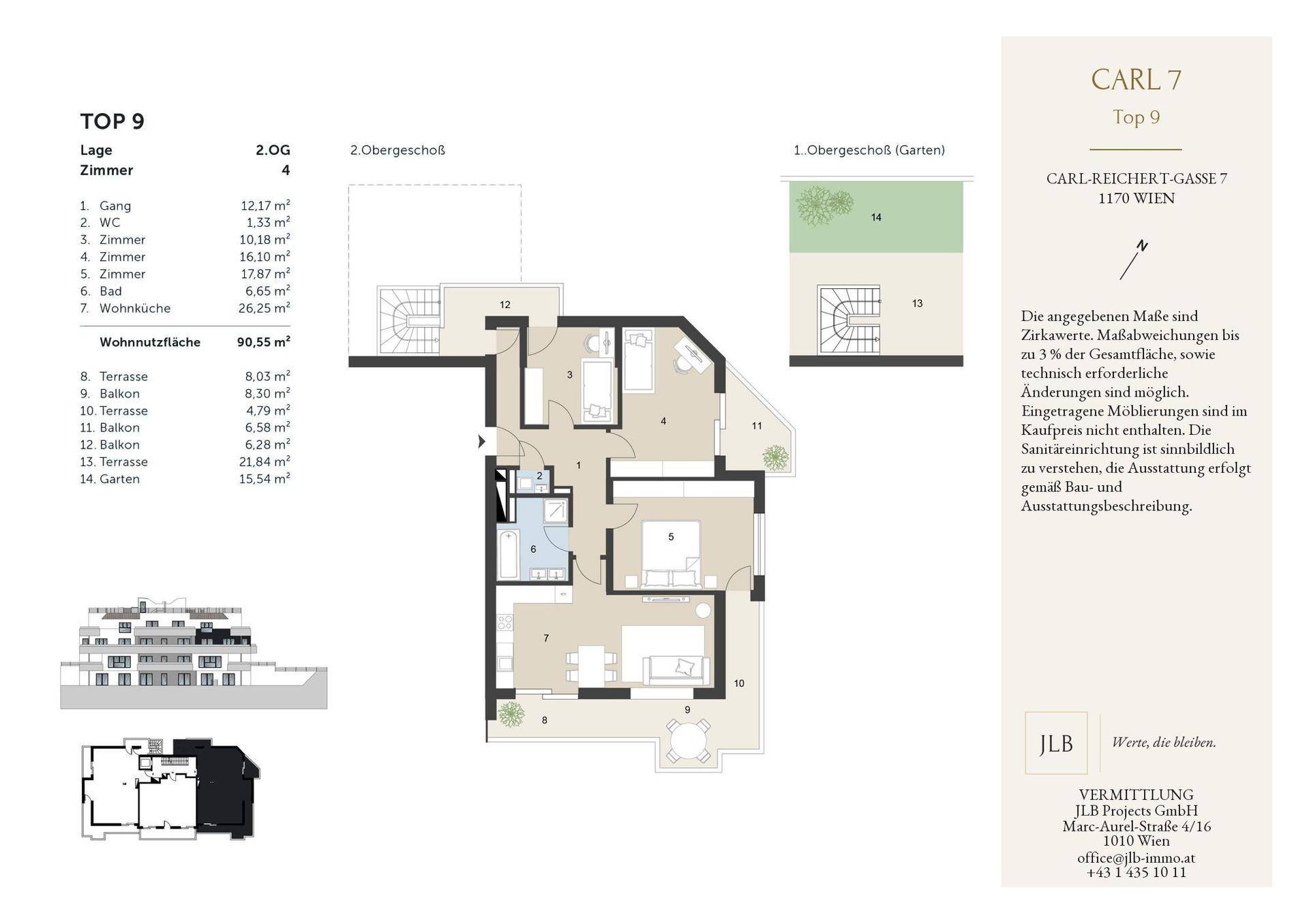 Grundriss einer Wohnung mit mehreren Zimmern, offener Wohnküche, separatem Bad und WC, sowie Zugang zu Terrasse und Garten.