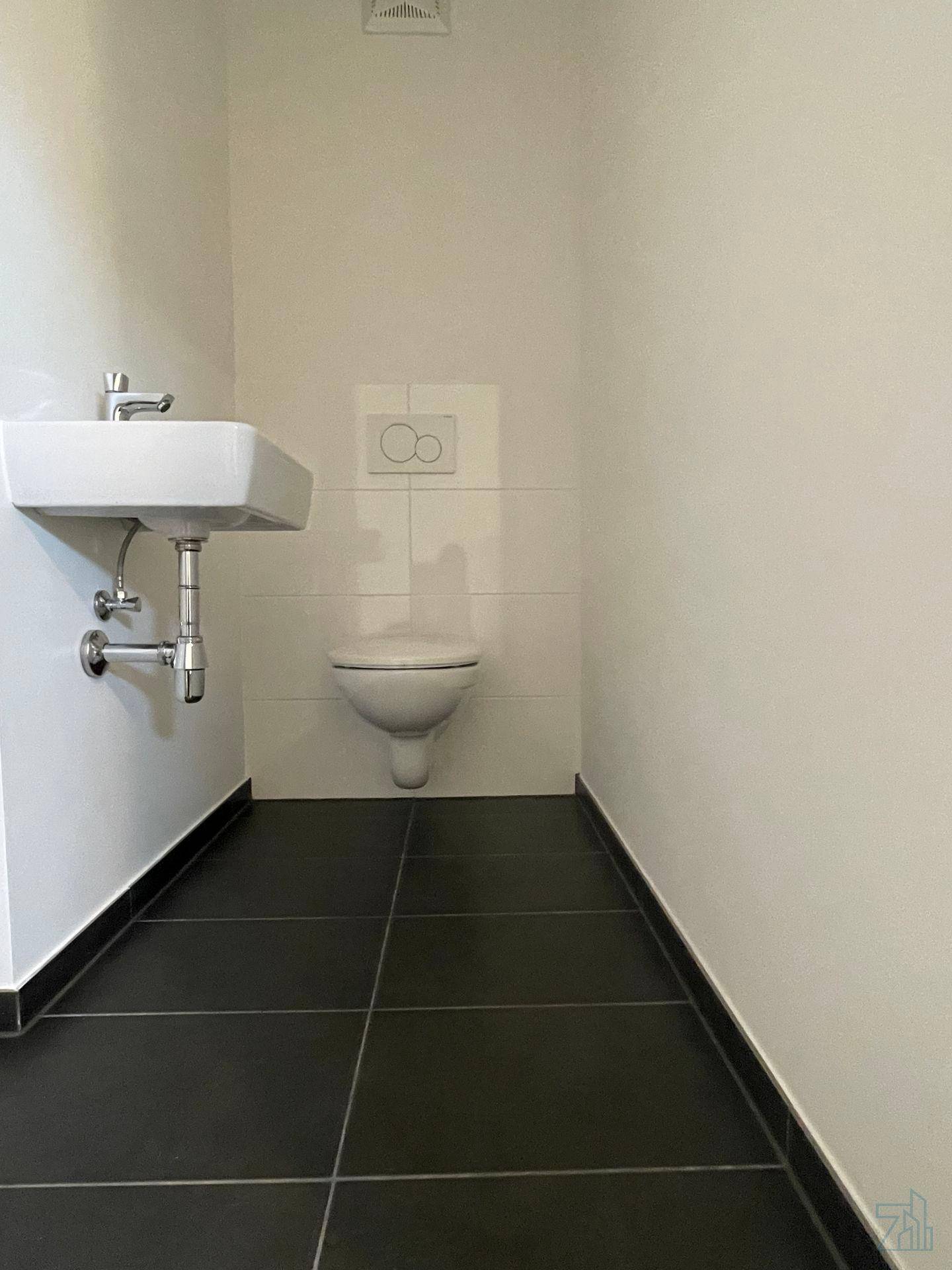 Modernes Gäste-WC mit dunklen Fliesen, wandhängendem WC und kleinem Waschbecken.